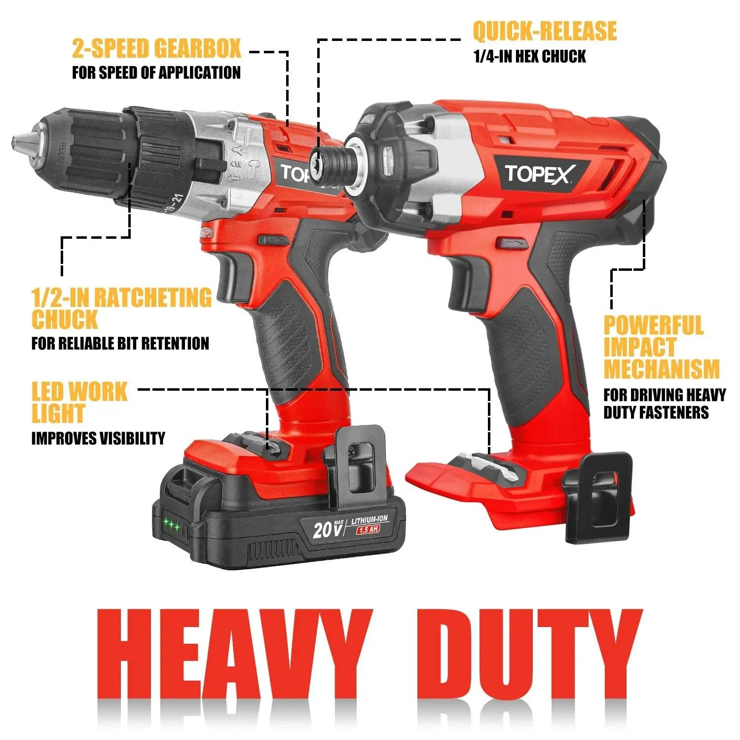 Topex 20V Cordless Hammer Drill Impact Driver Power Tool Combo Kit w/ Drill Bits