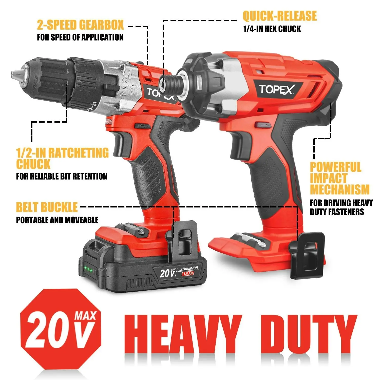 Topex 20V Cordless Hammer Drill Impact Driver Power Tool Combo Kit w/ Drill Bits