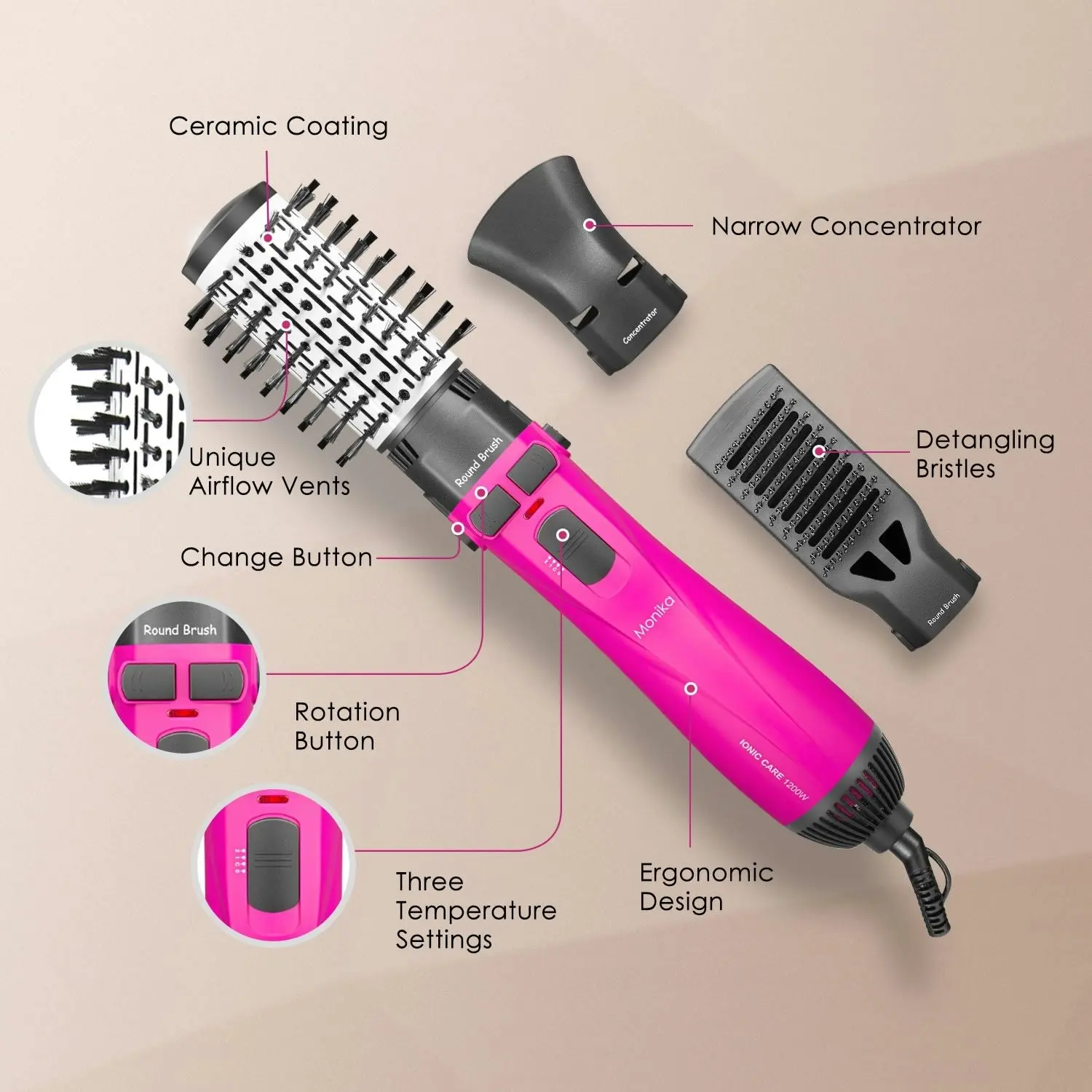 Monika 4 in 1 1200W Hair Styler Auto Curler Hot Air Brush w/ Ionic Care Tech Straightening Curling Blow Drying