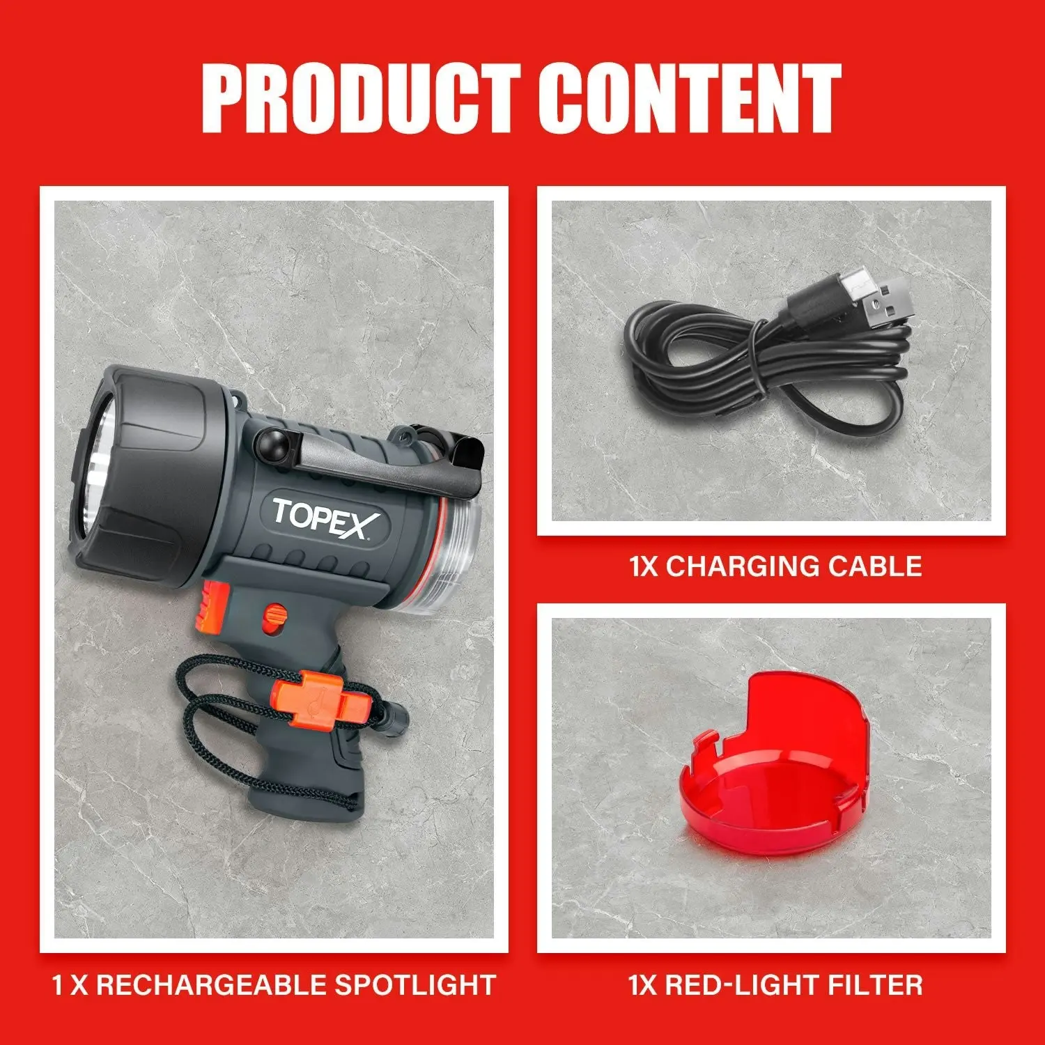 Topex Rechargeable Spotlight with 1000 Lumen Cree LED, IP67 Waterproof Handheld Flashlight Searchlight with Detachable Red Light Filter