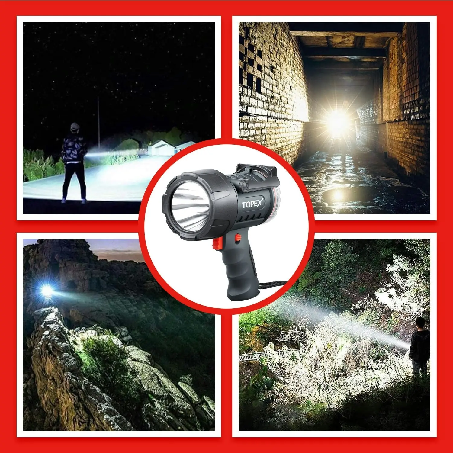 Topex Rechargeable Spotlight with 1000 Lumen Cree LED, IP67 Waterproof Handheld Flashlight Searchlight with Detachable Red Light Filter