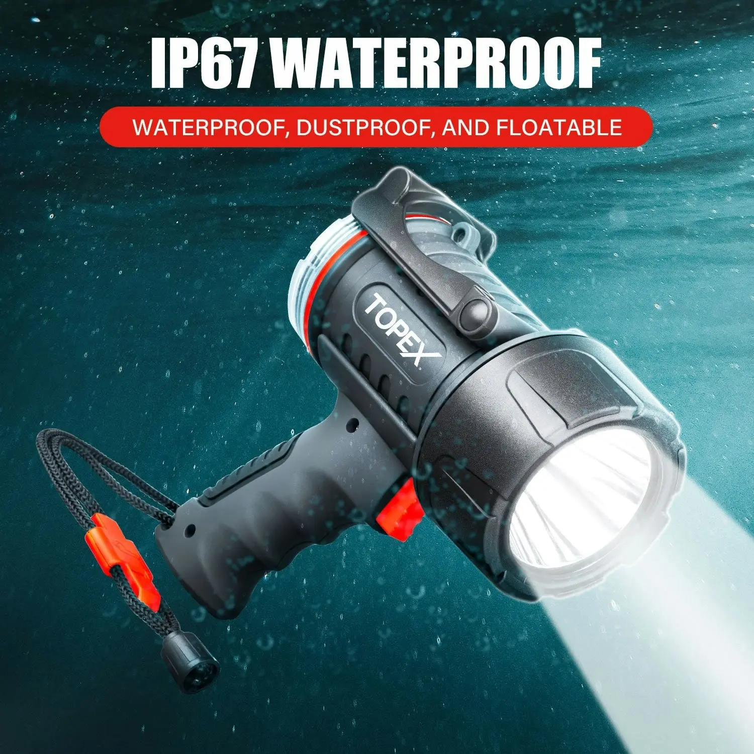 Topex Rechargeable Spotlight with 1000 Lumen Cree LED, IP67 Waterproof Handheld Flashlight Searchlight with Detachable Red Light Filter