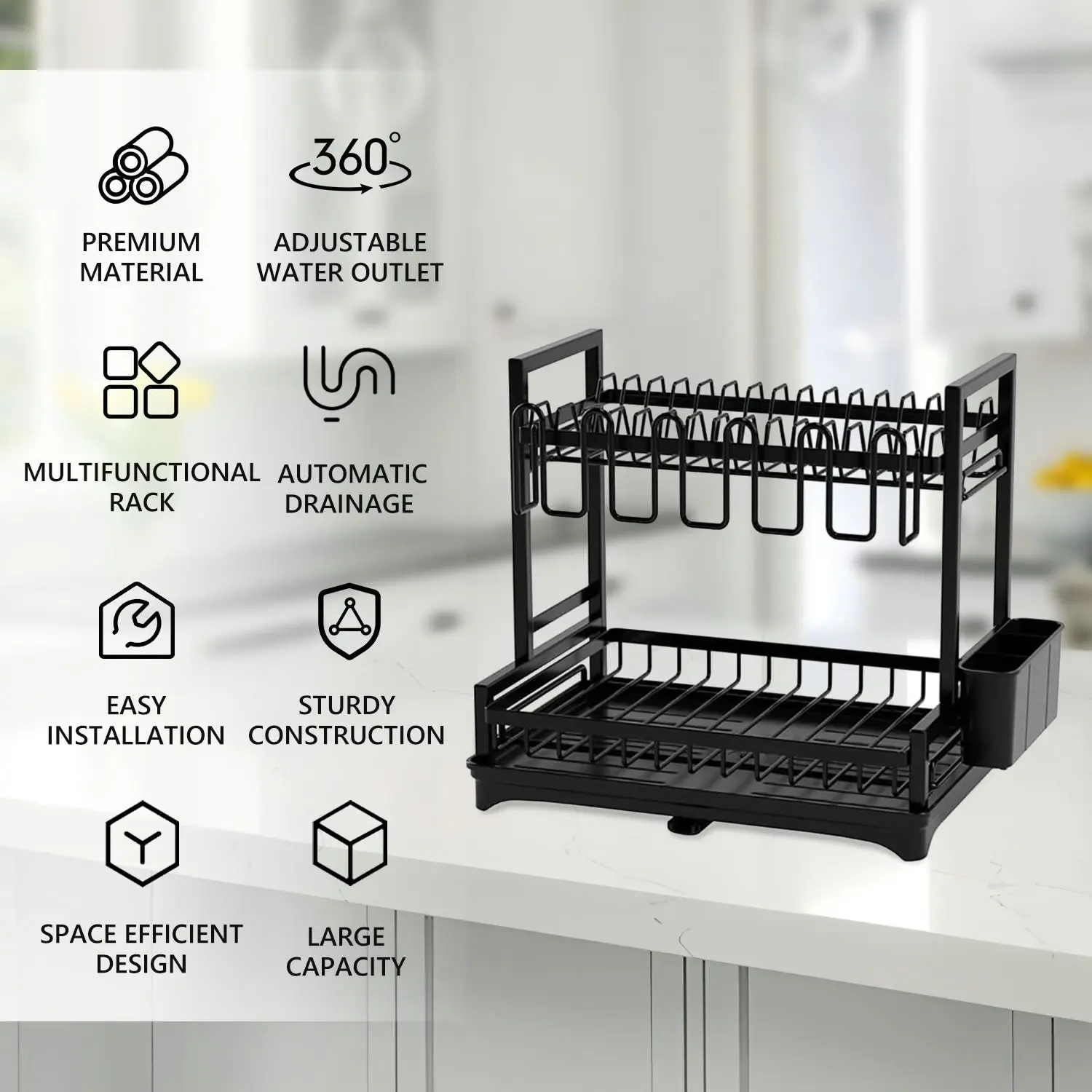 Stelive 2-Tier Dish Drying Rack Dish Drainer Cutlery Holder Dish Drainer Rack Multifunctional Storage Rack w/ Drainboard for Kitchen (Black)