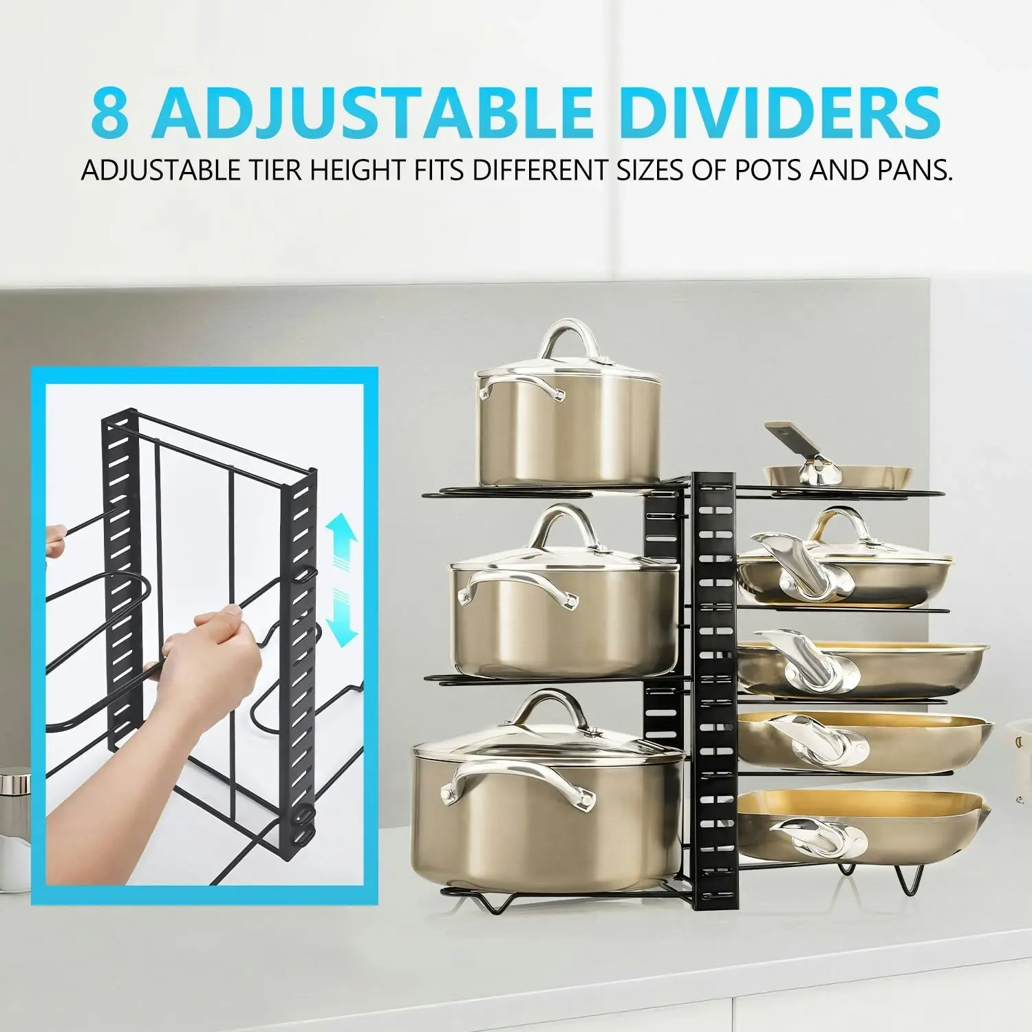 Stelive 8 Tier Dual Sided Pan Rack Pot Pan Organizer Adjustable Pan Pot Rack Pantry Organizer Holder Kitchen Pot Organizer Holder Pot Lid Organizer