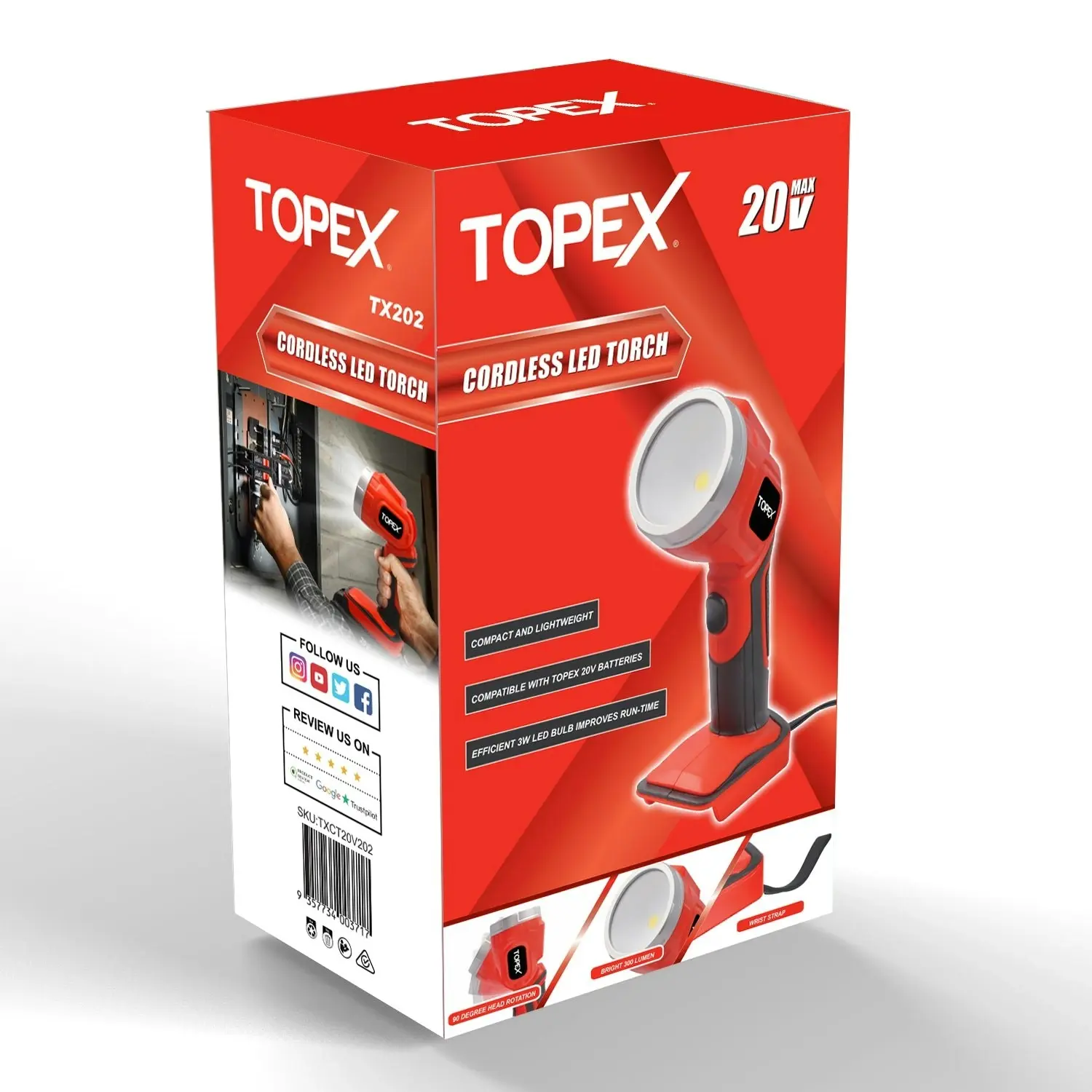 Topex 20V LED Light 300 Lumen Lightweight LED Torch Skin Only without Battery