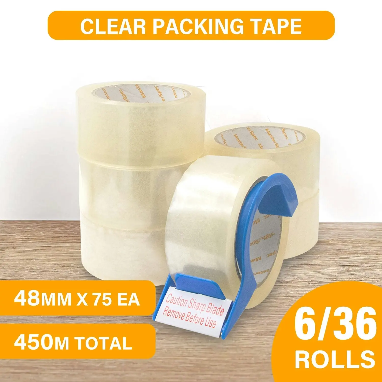 MasterSpec Clear Packing Tape - 36 Rolls w/ Cutters, 450m Total Length, 48mm x 75m