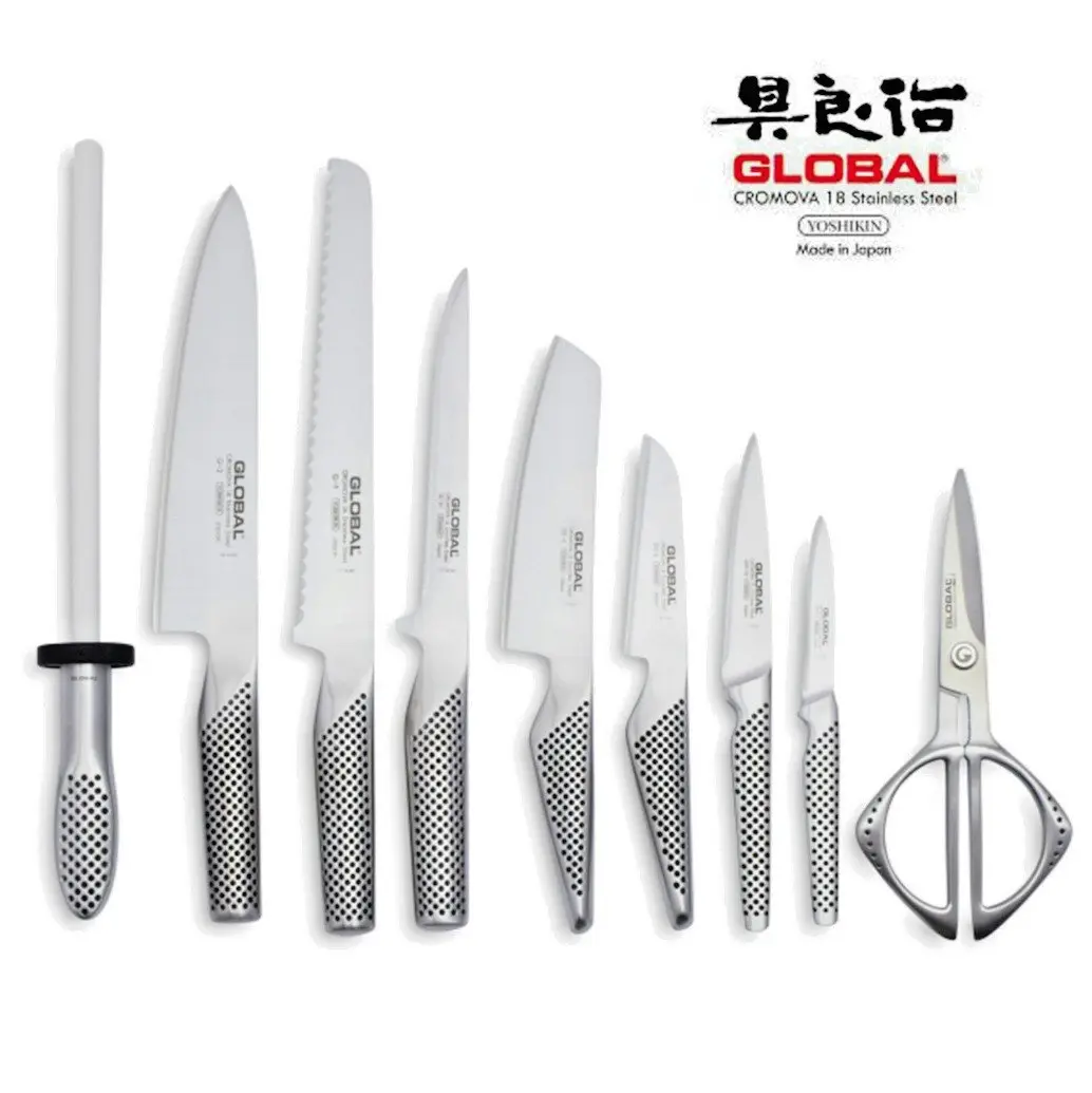 Global Takashi 10 Piece Stainless Steel Japanese Knife Block Set 79589 with Bonus Acuminate Adjustable Knife Sharpener