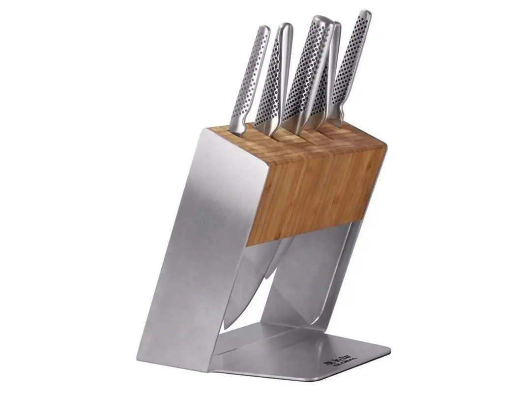 Global 79586 Katana 6pc Knife Block Set with Bonus Acuminate Adjustable Knife Sharpener