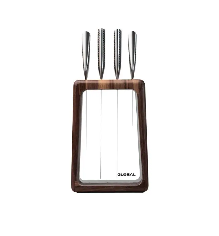 Global Hashira 5 Piece Knife Block Set - Walnut with Bonus Acuminate Adjustable Knife Sharpener