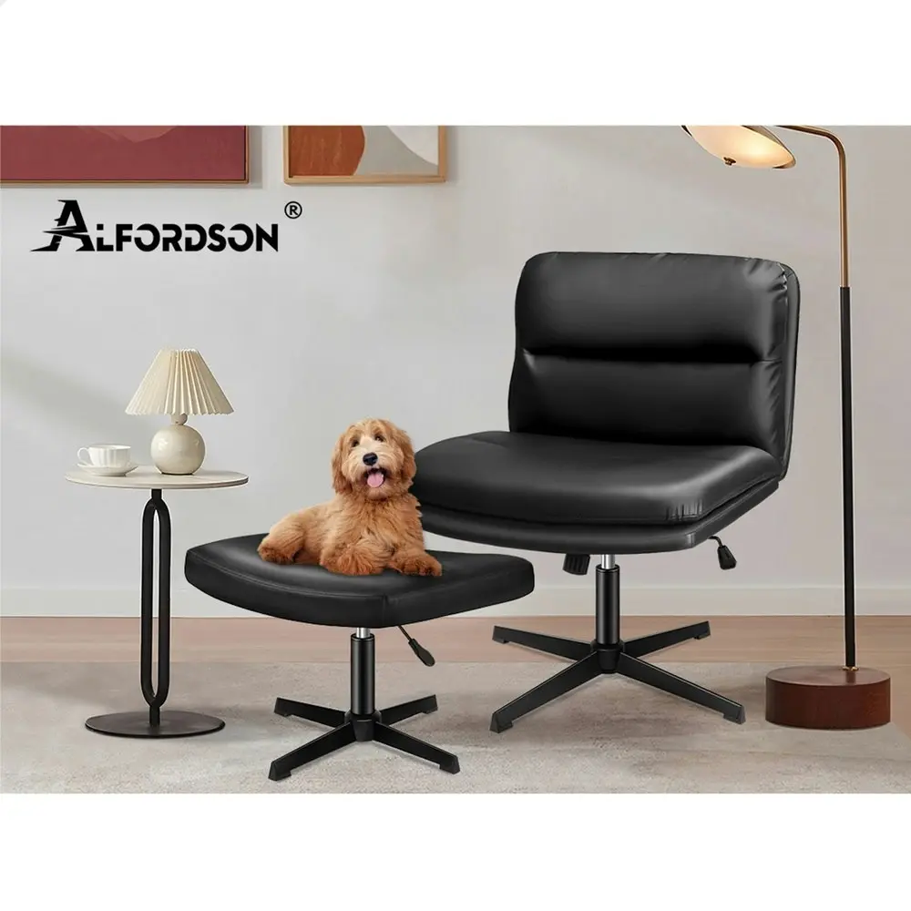 Alfordson Office Chair Computer Cross-legged Seat Work Ottoman PU Leather Black