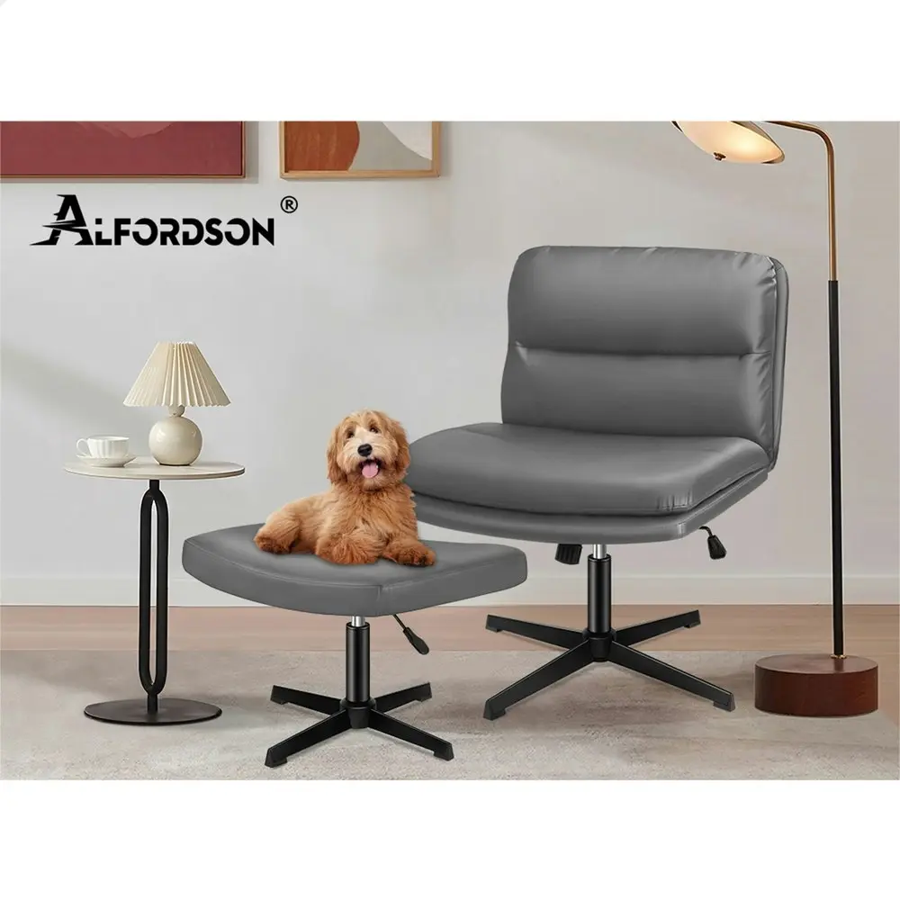 Alfordson Office Chair Computer Cross-legged Seat Work Ottoman PU Leather Grey