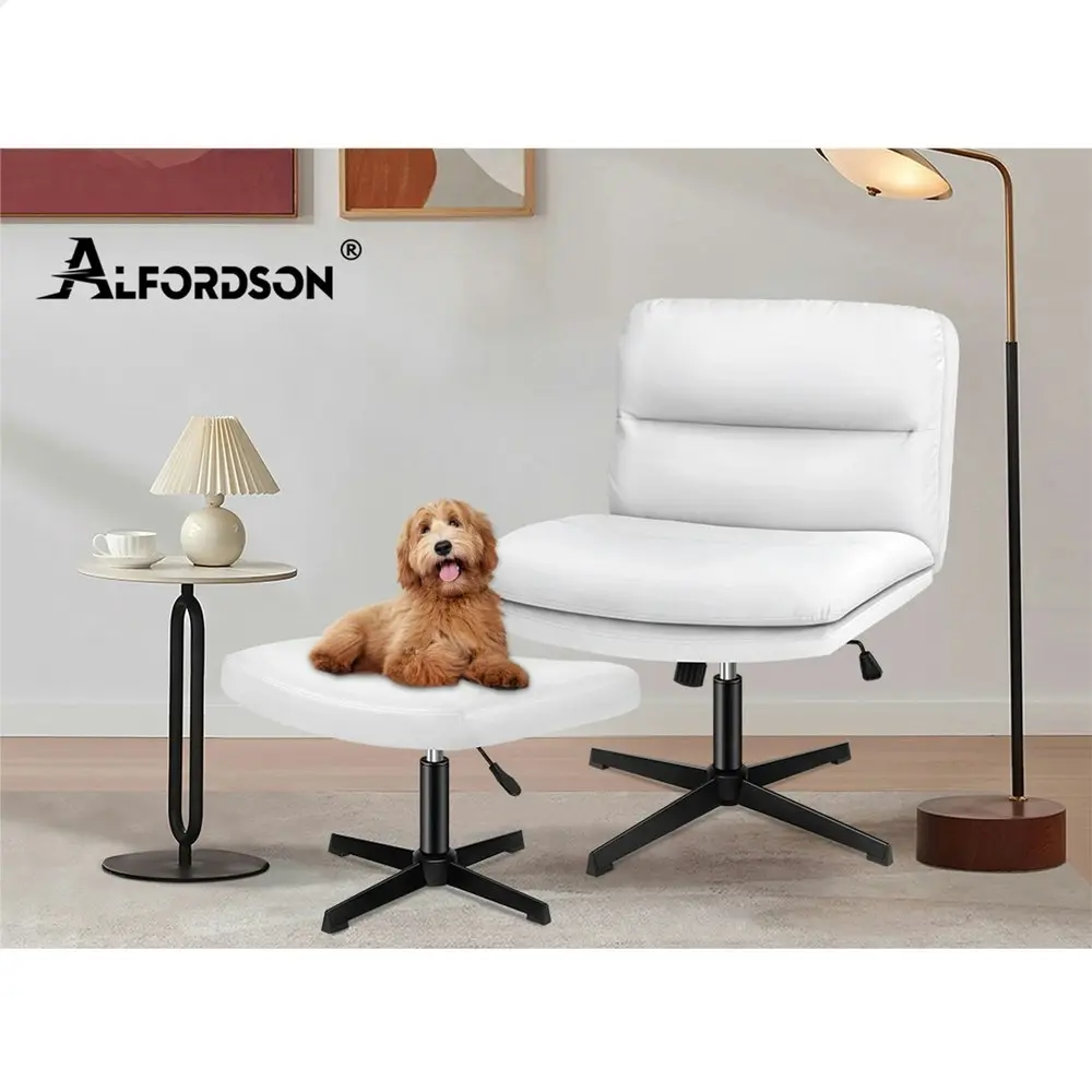 Alfordson Office Chair Computer Cross-legged Seat Work Ottoman PU Leather White