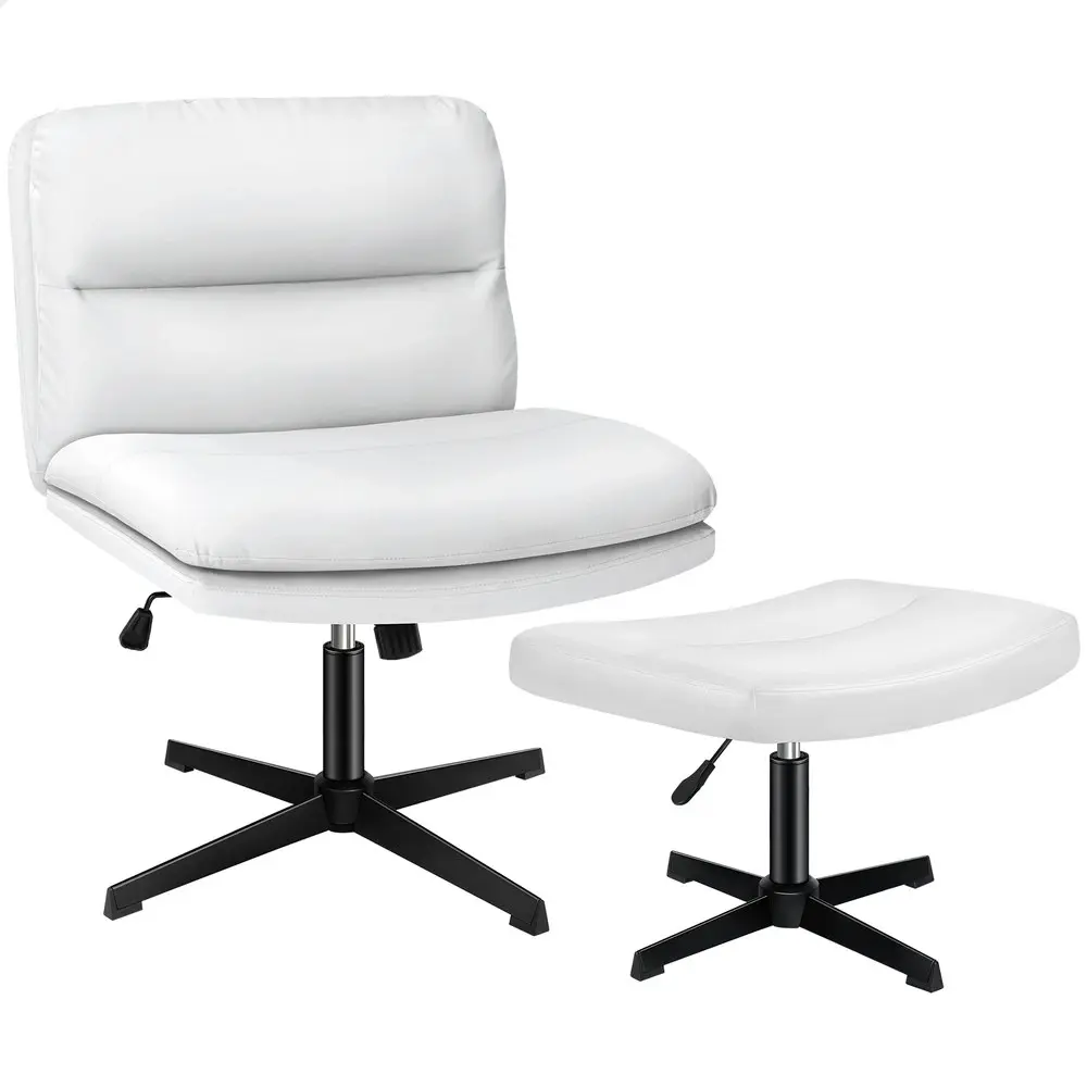 Alfordson Office Chair Computer Cross-legged Seat Work Ottoman PU Leather White