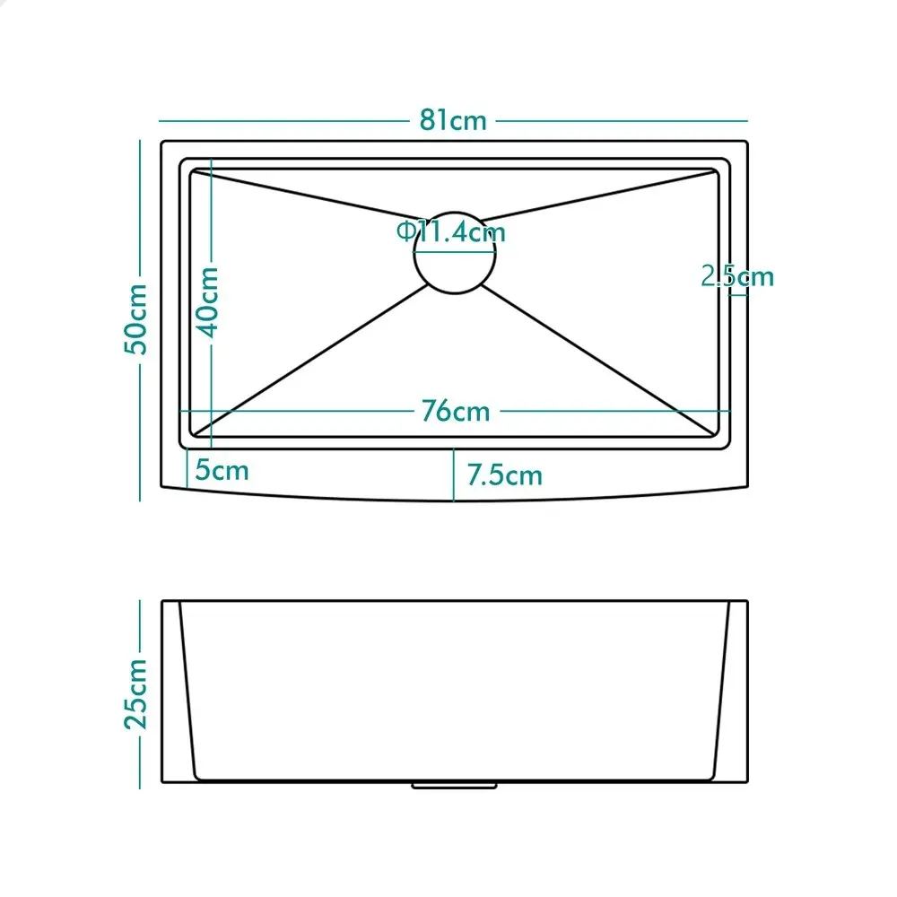 Alfordson Farmhouse Kitchen Sink Basin Stainless Steel Under Mount Single Bowl 810X500MM