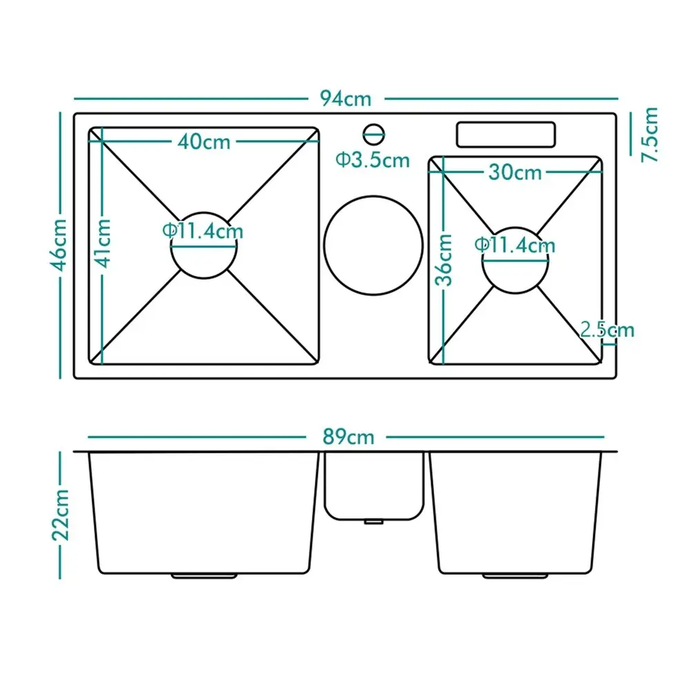 Alfordson Kitchen Sink Basin Stainless Steel Drop in Flush Mount 940X460MM Black