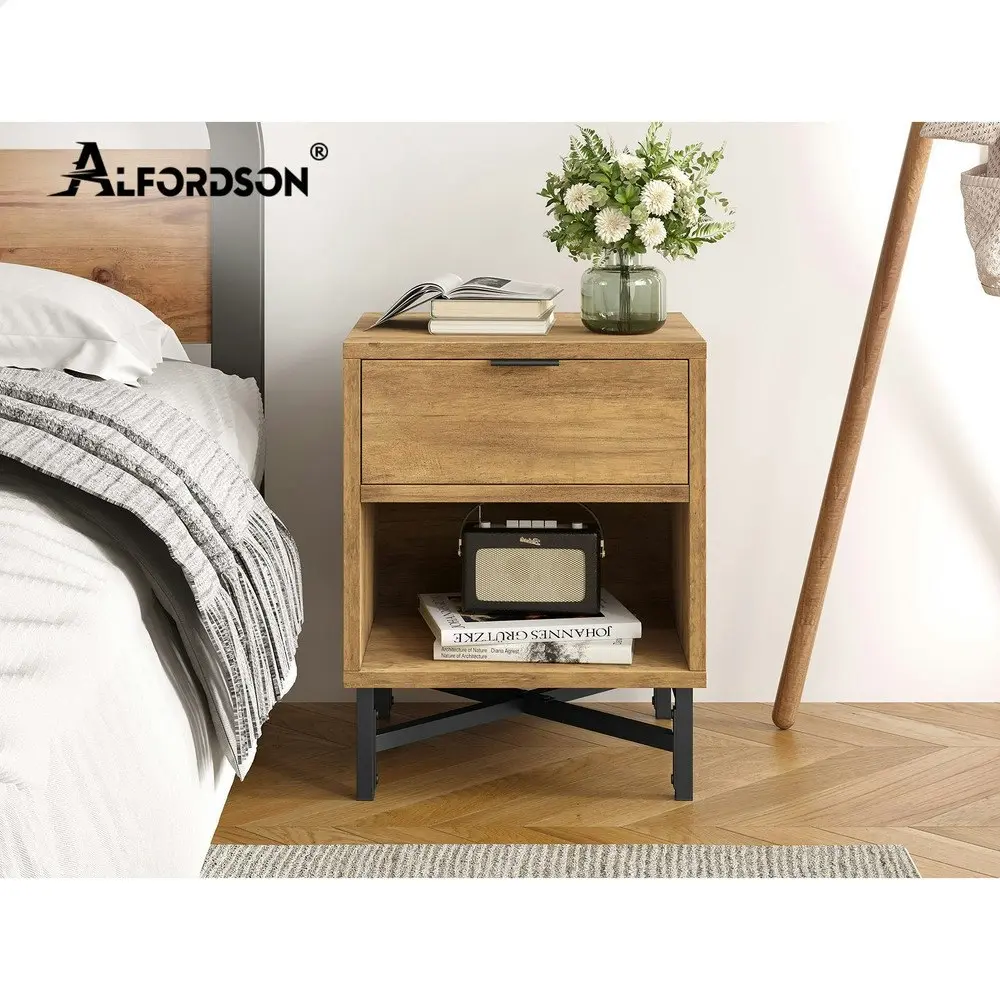 Alfordson Bedside Table Retro Nightstand Side Cabinet Brown