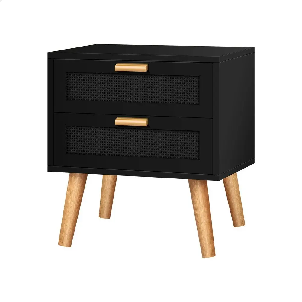 Alfordson Bedside Table Nightstand Side Cabinet Rattan Black