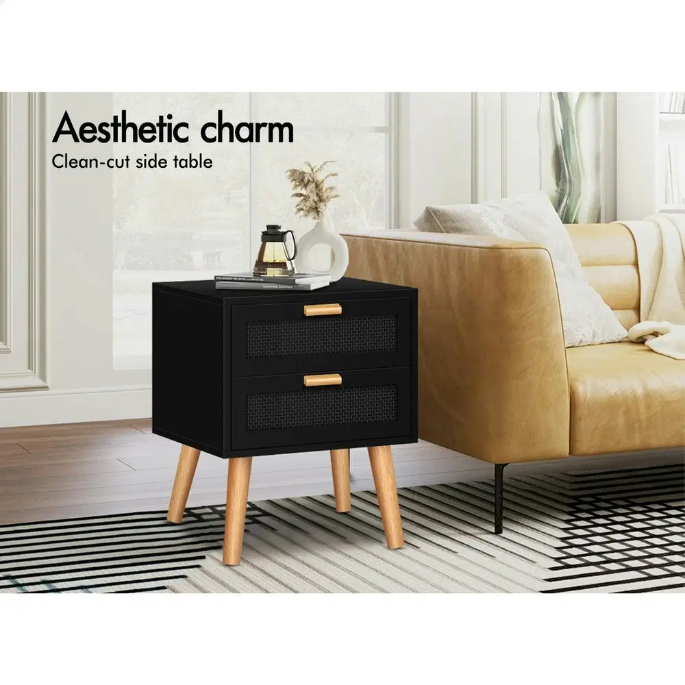 Alfordson Bedside Table Nightstand Side Cabinet Rattan Black