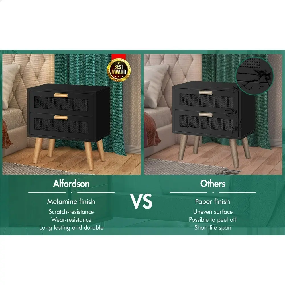 Alfordson Bedside Table Nightstand Side Cabinet Rattan Black