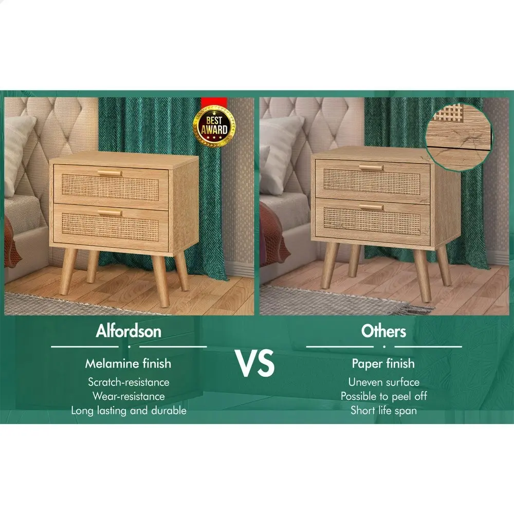 Alfordson Bedside Table Nightstand Side Cabinet Rattan Wood