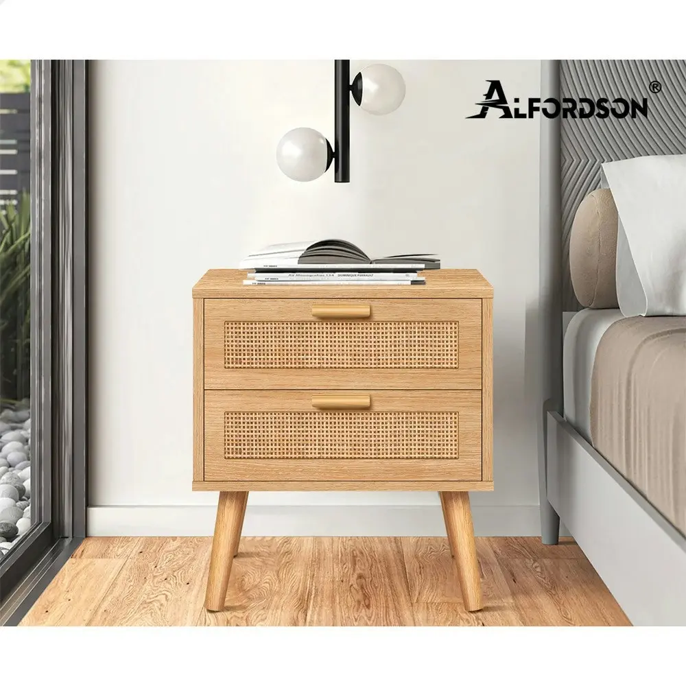 Alfordson Bedside Table Nightstand Side Cabinet Rattan Wood