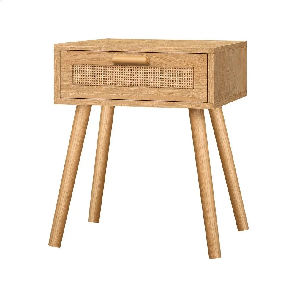 Alfordson Bedside Table Nightstand Side Storage Rattan Oak