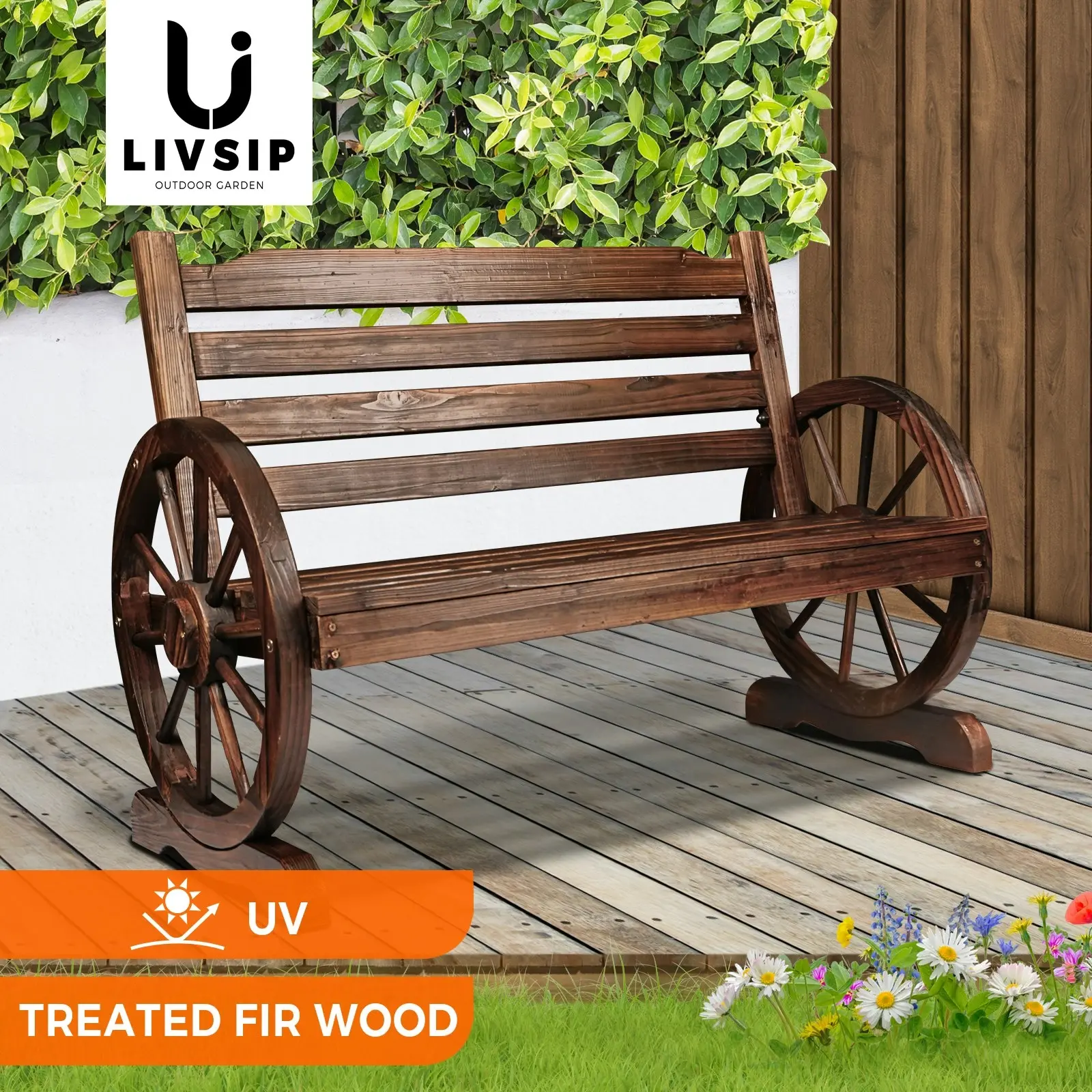 Livsip Wooden Garden Bench Wagon Chair Seat Outdoor Patio Furniture Lounge Wheel