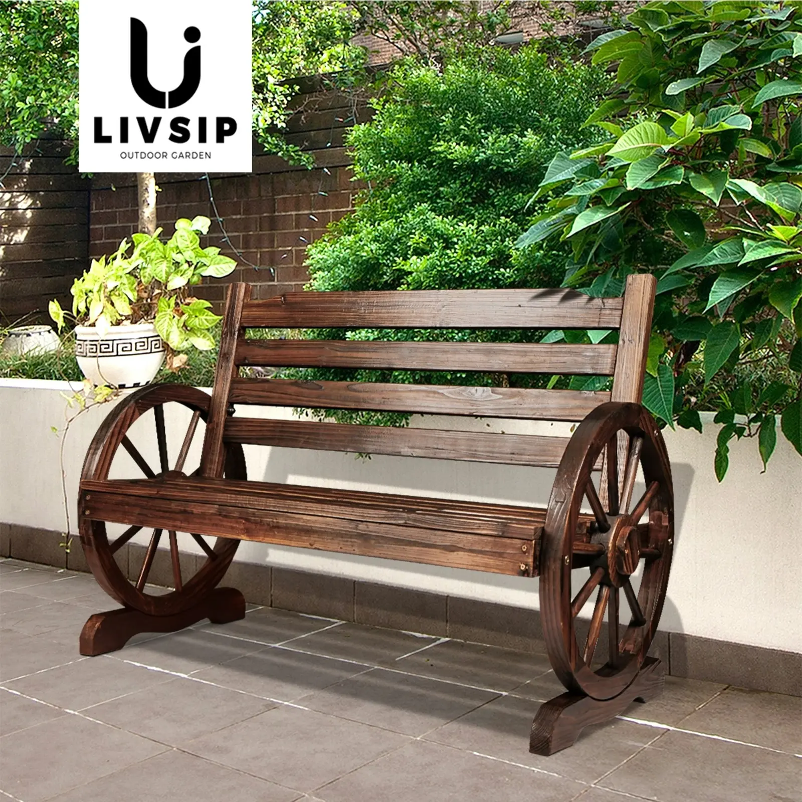 Livsip Wooden Garden Bench Wagon Chair Seat Outdoor Patio Furniture Lounge Wheel