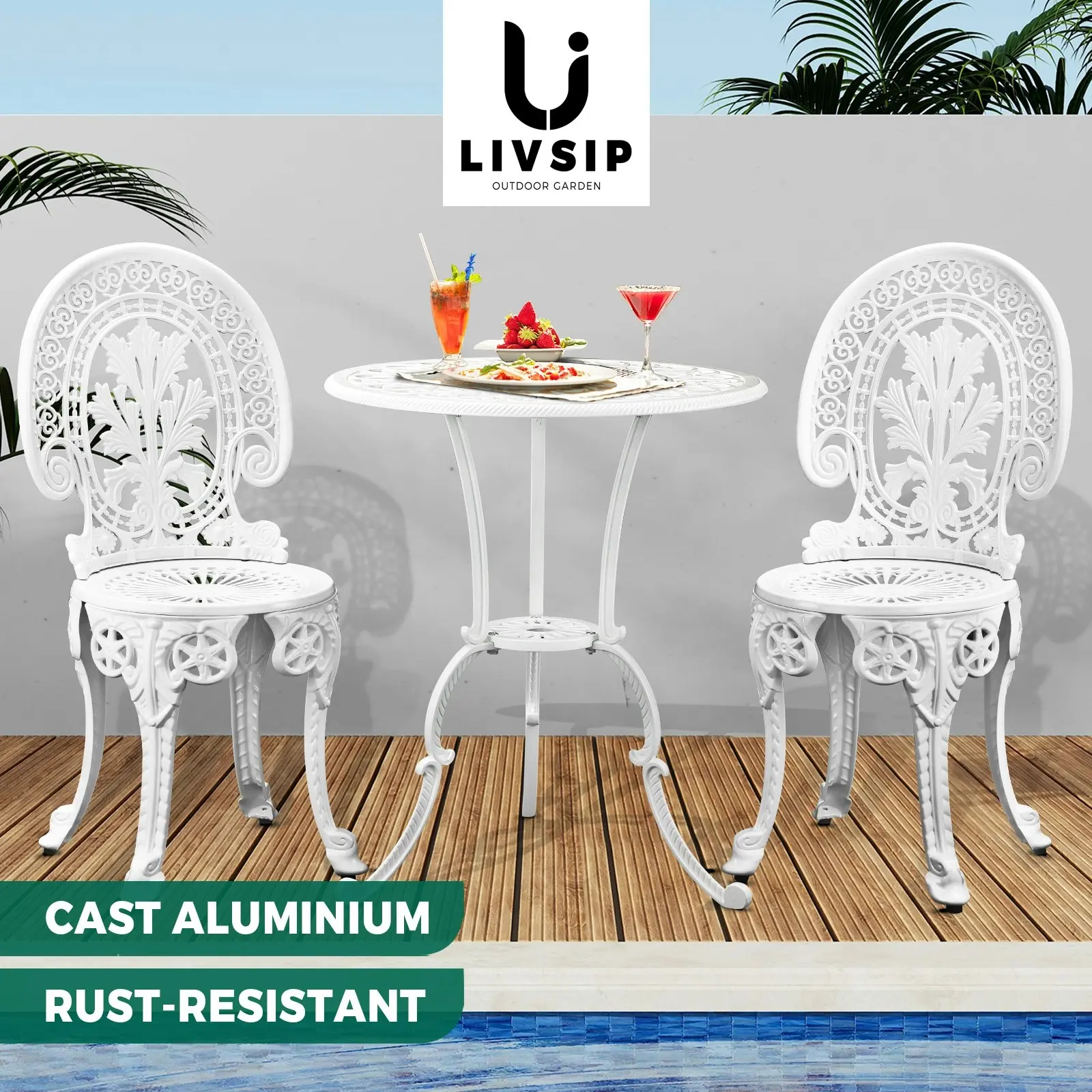 Livsip Outdoor Bistro Setting Cast Aluminium Table and Chair 3PCS Patio Set