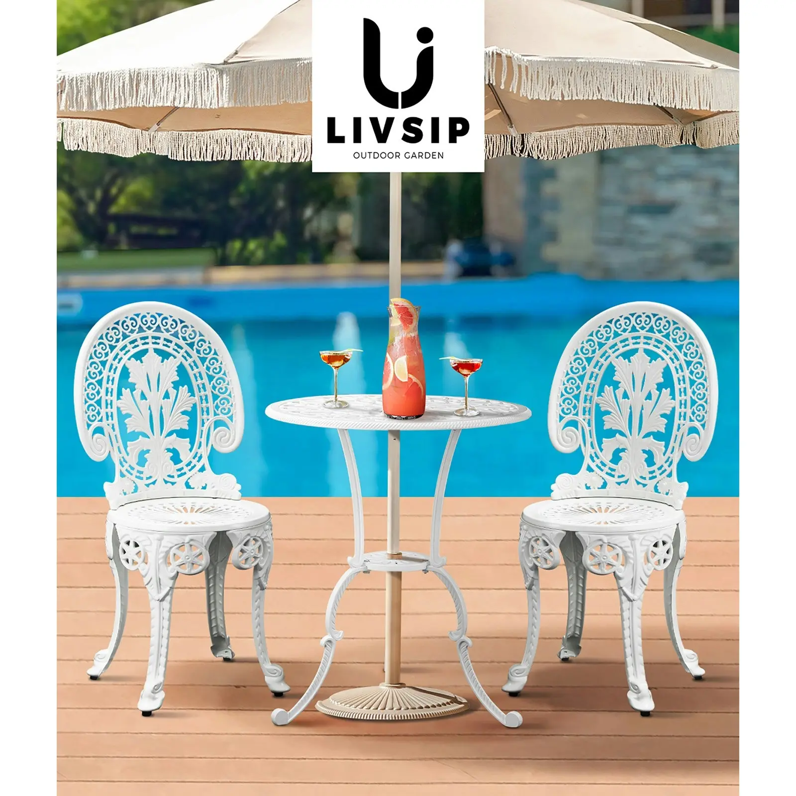 Livsip Outdoor Bistro Setting Cast Aluminium Table and Chair 3PCS Patio Set