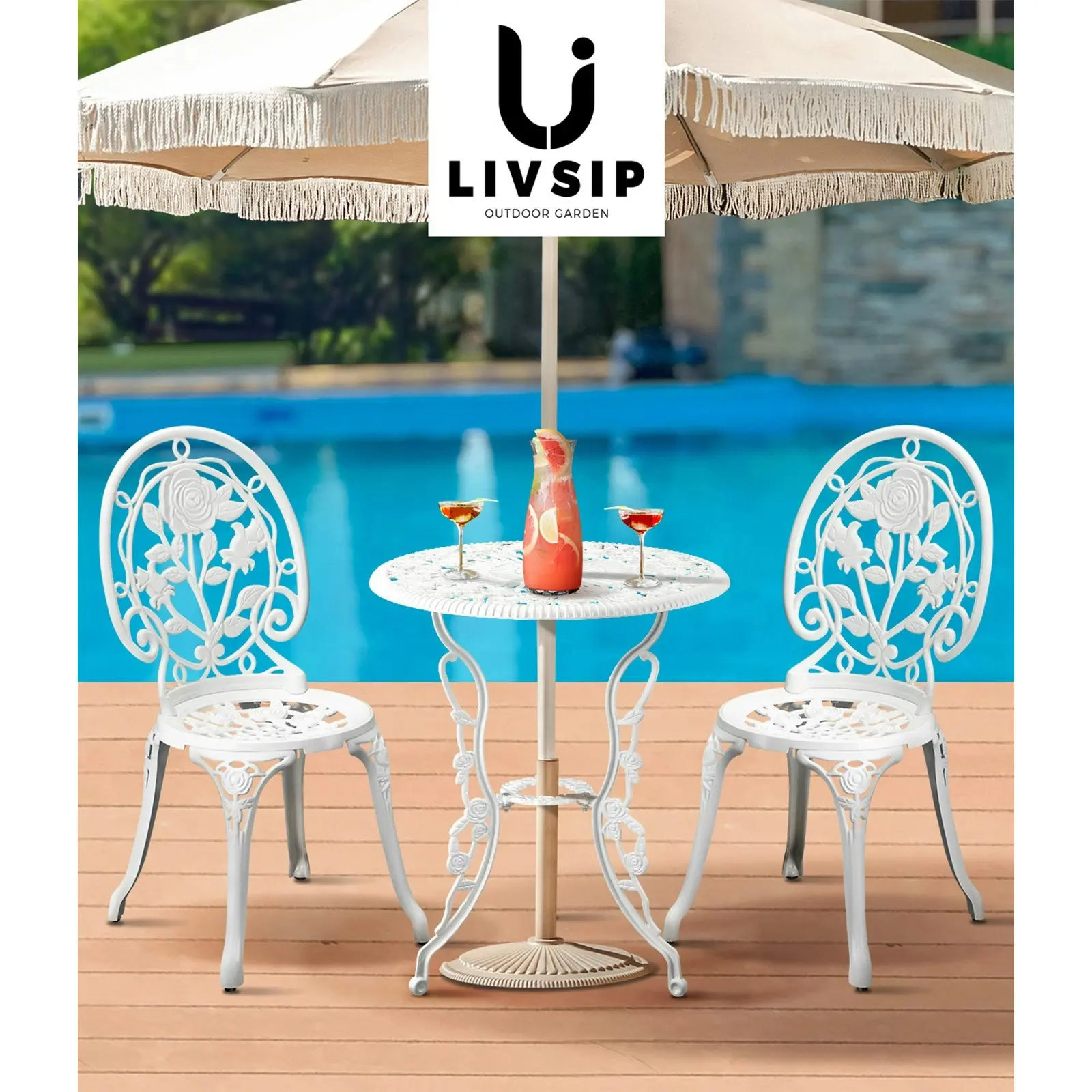 Livsip Outdoor Setting 3 Piece Bistro Chairs Table Set Cast Aluminum Patio Rose