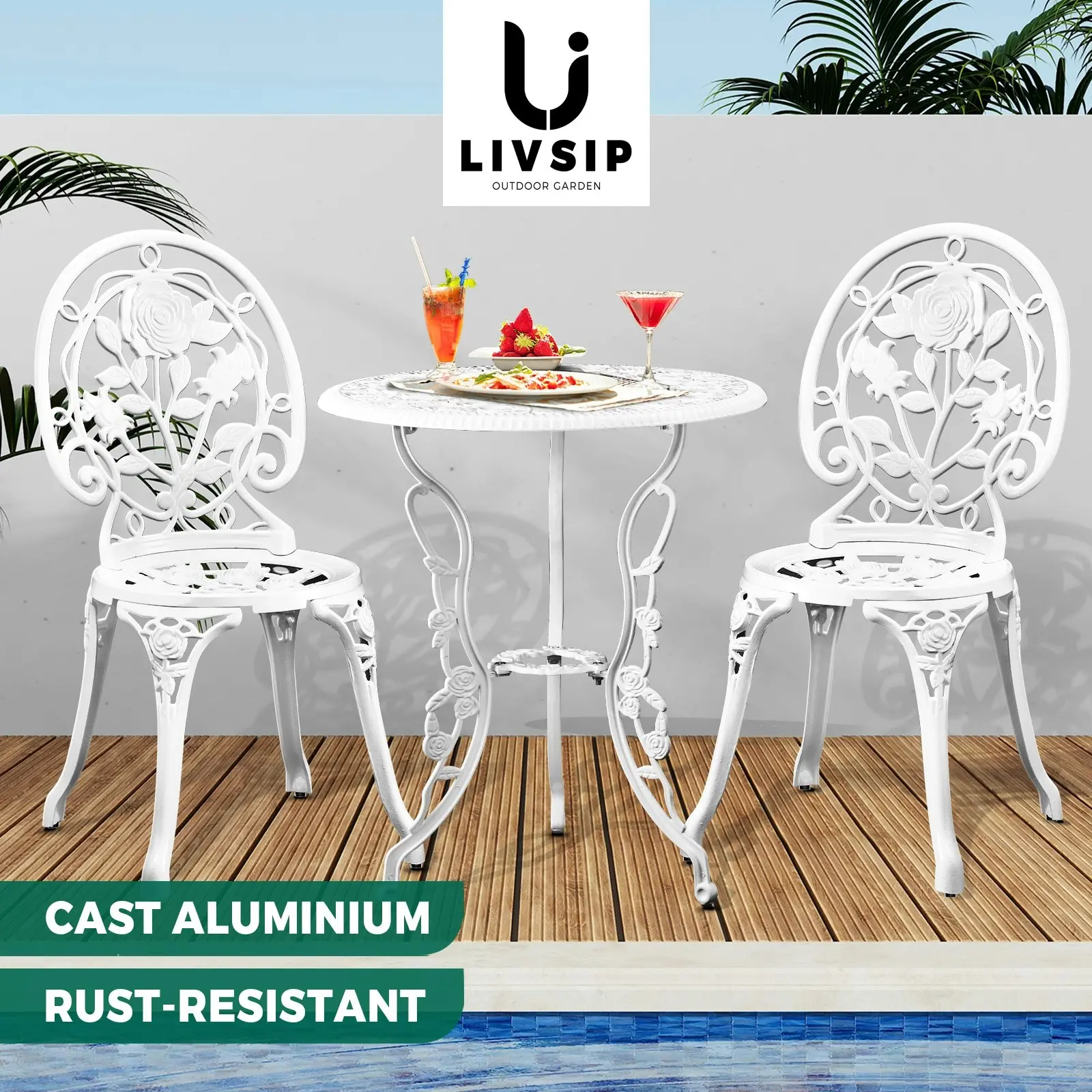 Livsip Outdoor Setting 3 Piece Bistro Chairs Table Set Cast Aluminum Patio Rose