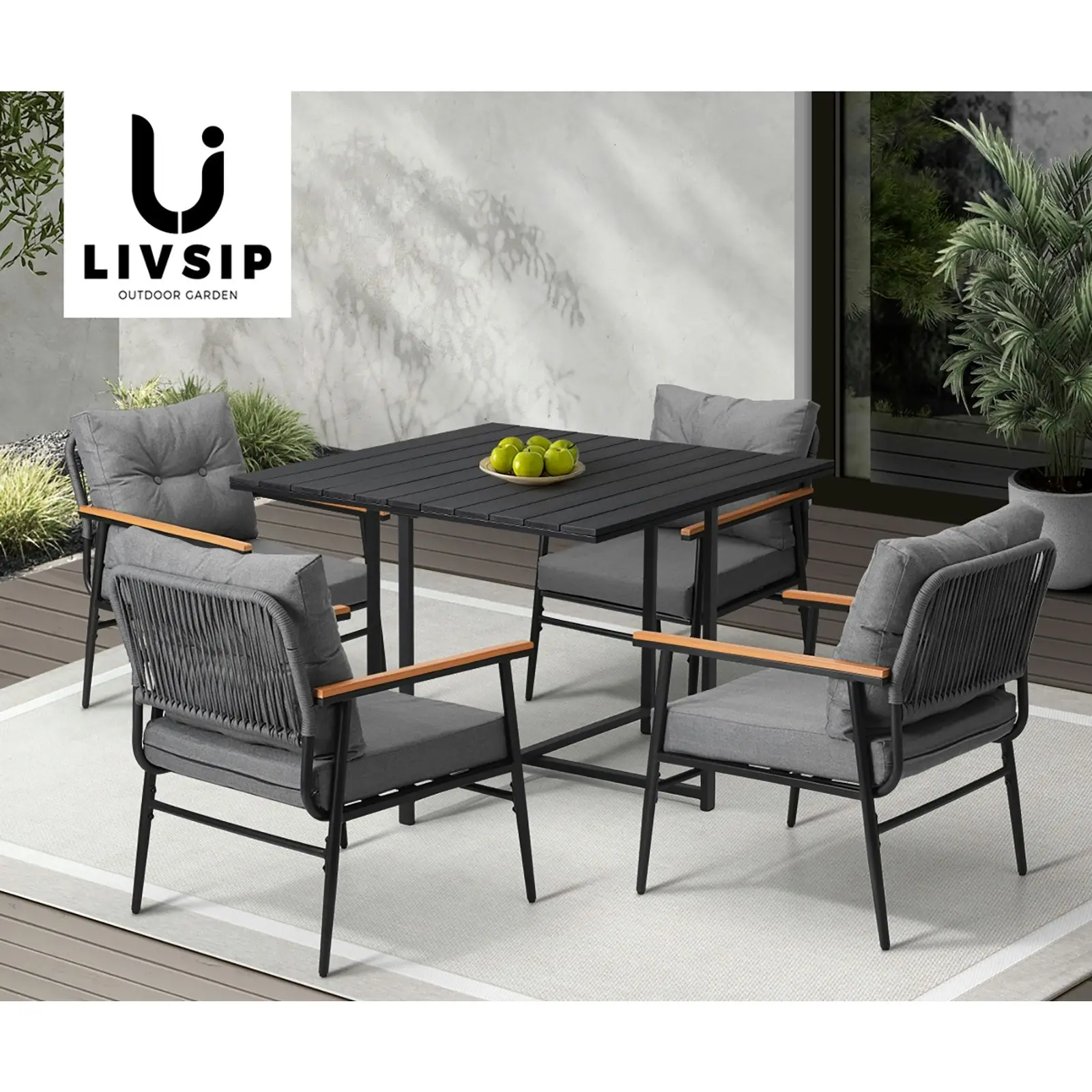 Livsip Outdoor Dining Set Patio Furniture Garden Black Table and Chairs 4 Seater