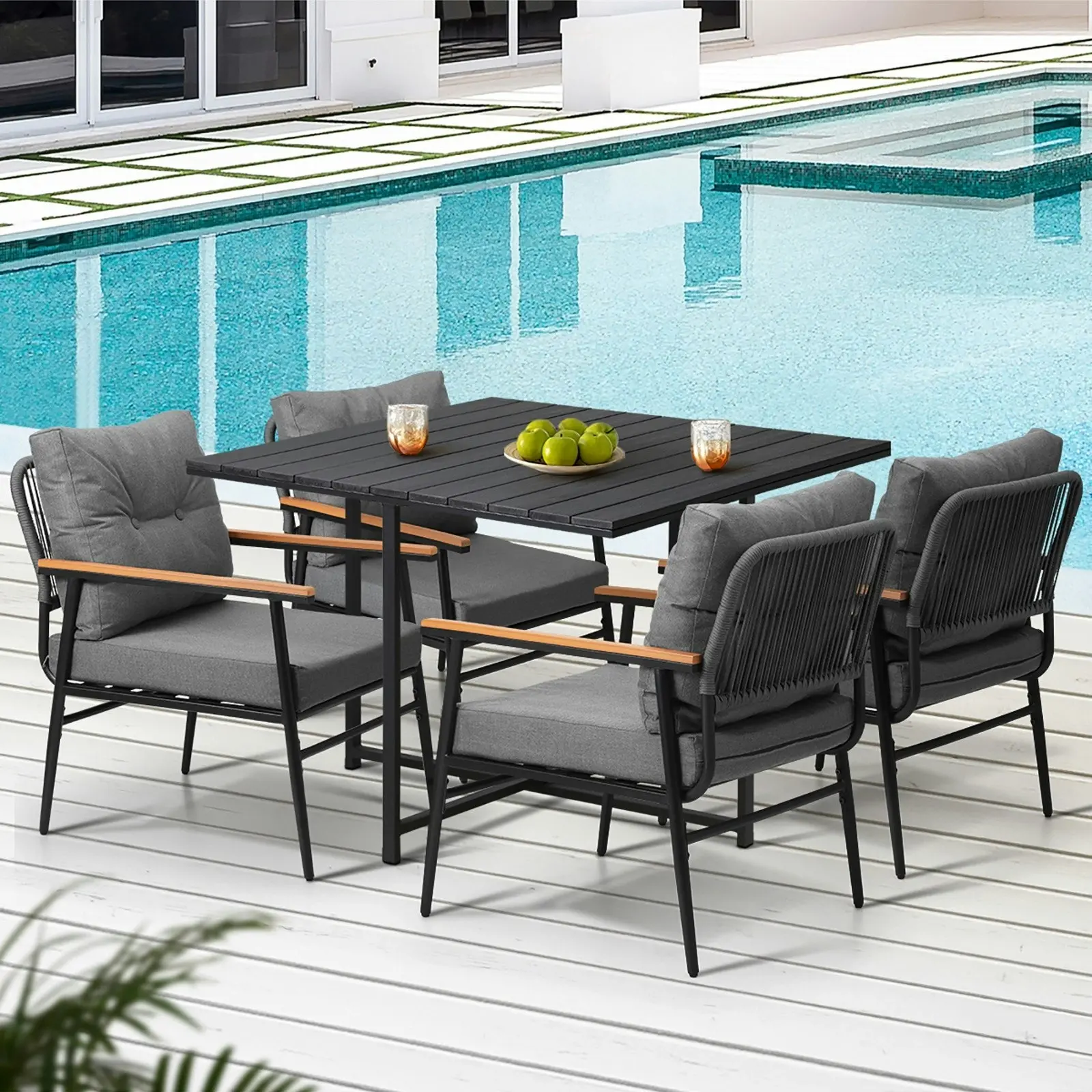 Livsip Outdoor Dining Set Patio Furniture Garden Black Table and Chairs 4 Seater