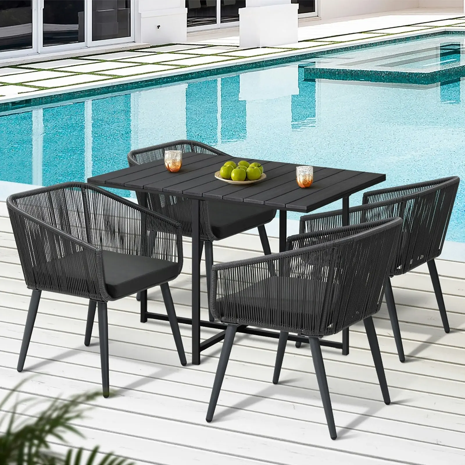 Livsip 5PCS Outdoor Dining Set Furniture Black Table Lounge Chairs Patio Setting