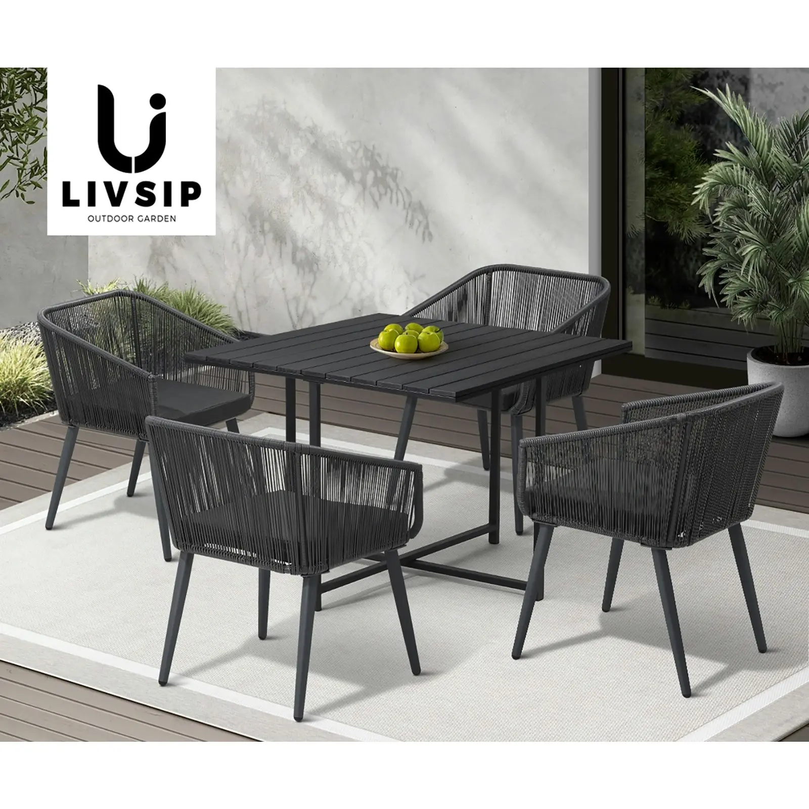 Livsip 5PCS Outdoor Dining Set Furniture Black Table Lounge Chairs Patio Setting