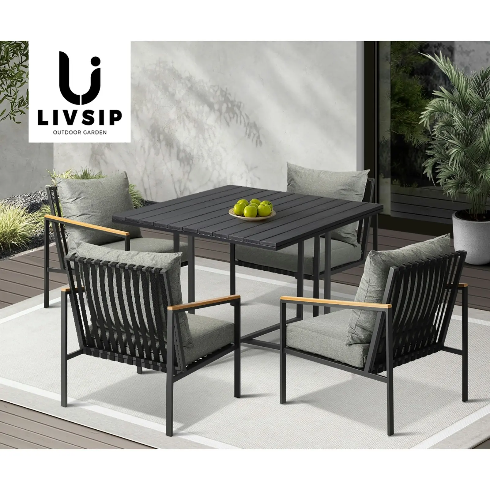 Livsip Outdoor Dining Set Black Table and Chairs 5PCS Patio Furniture Setting