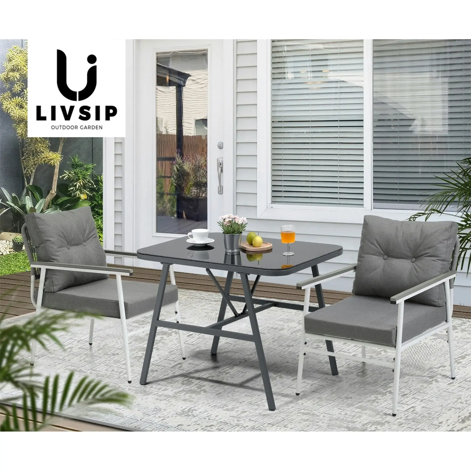 Livsip Outdoor Dining Set Patio Furniture Setting Garden Table and Chairs 3PCS