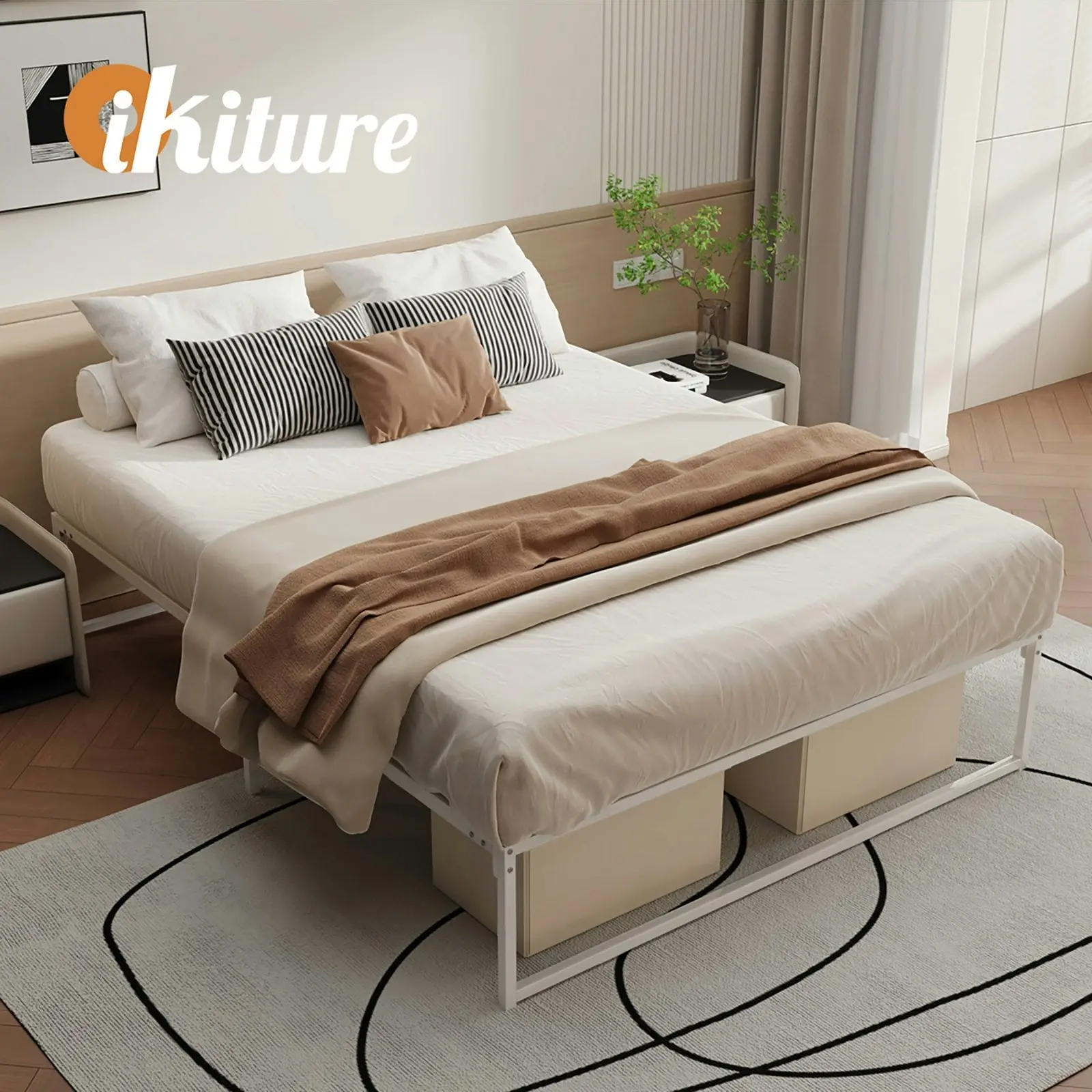 Oikiture Metal Bed Frame Double Size Beds Base Platform White