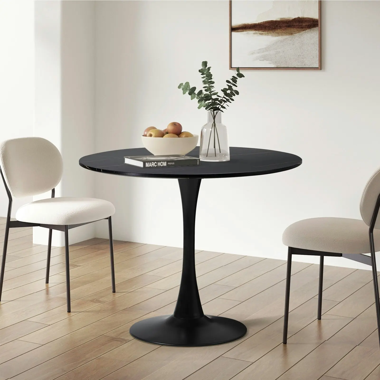 Oikiture 90cm Dining Table Kitchen Swivel Marble Tulip Round Metal Leg Black