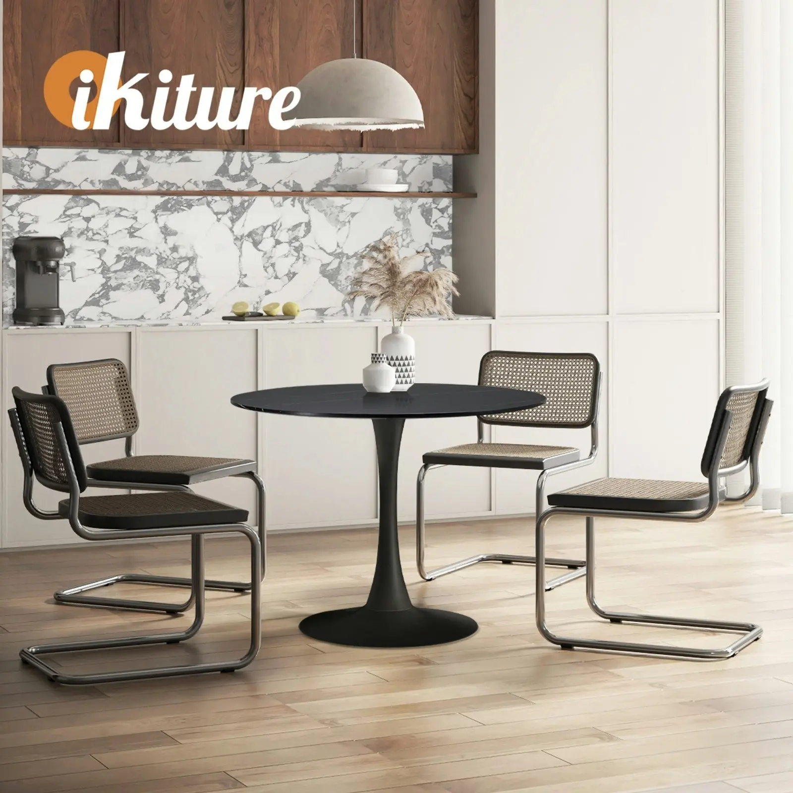 Oikiture 90cm Dining Table Kitchen Swivel Marble Tulip Round Metal Leg Black