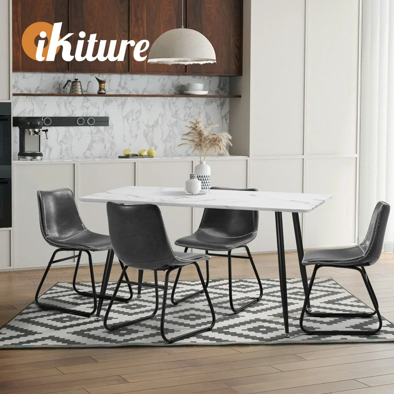 Oikiture 4x Dining Chairs Kitchen Table Chair Lounge Retro Padded Seat PU Grey