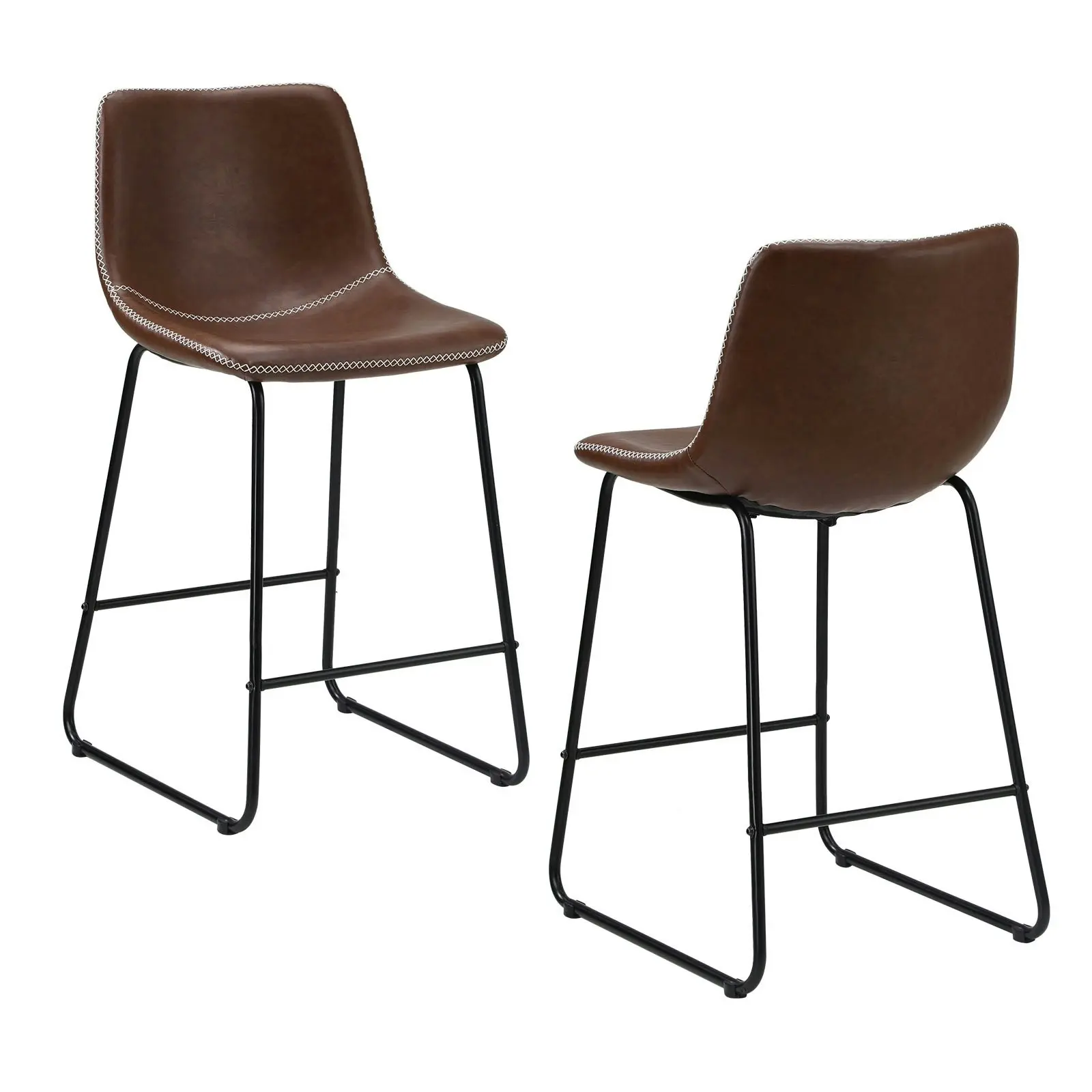 Oikiture 2x Bar Stools Kitchen Dining Chairs Leather Metal Brown