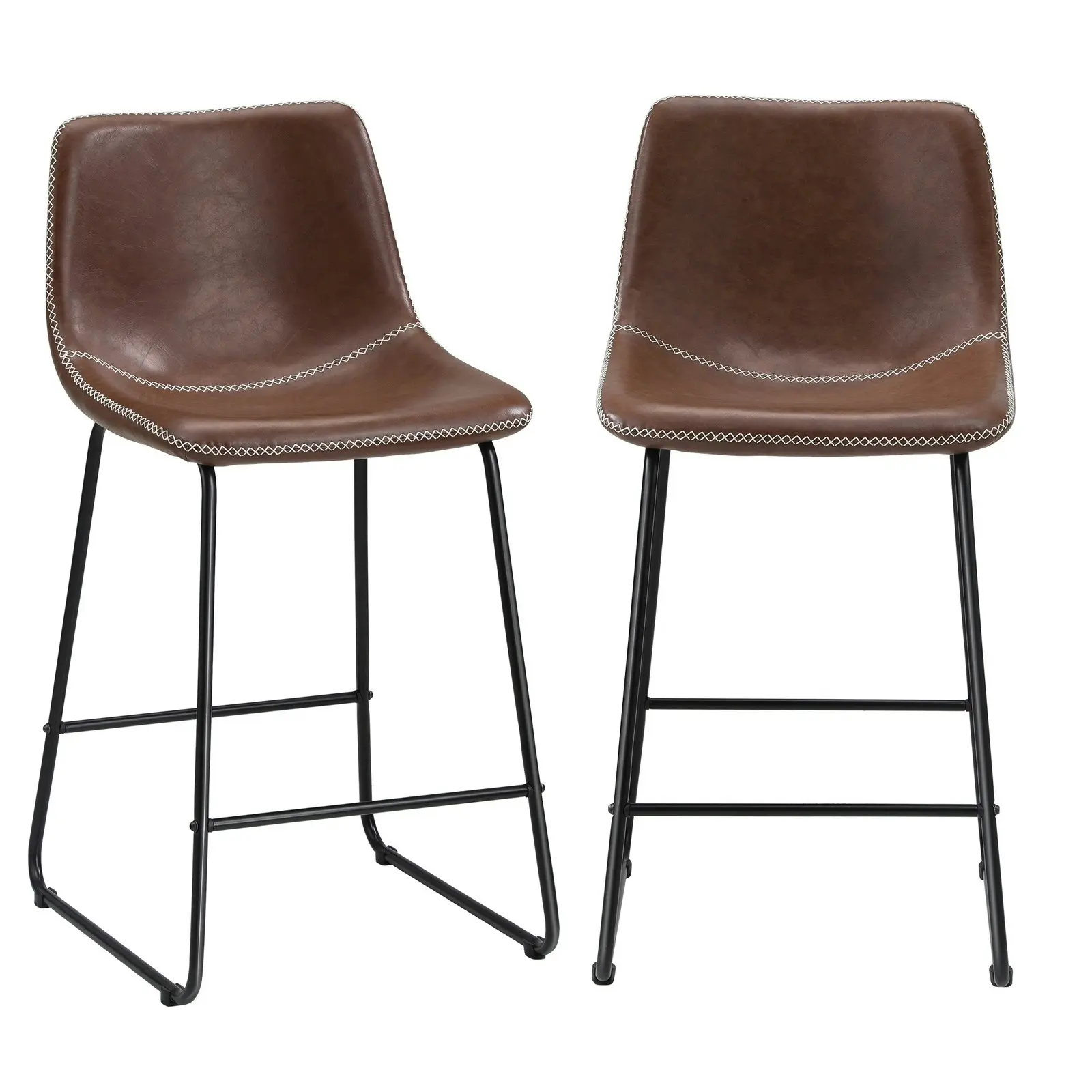 Oikiture 2x Bar Stools Kitchen Dining Chairs Leather Metal Brown