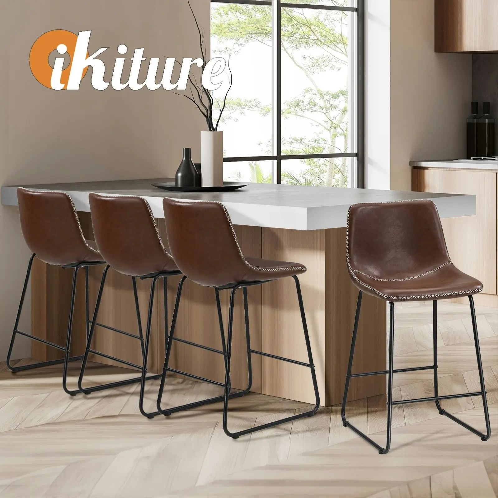 Oikiture 4x Bar Stools Kitchen Stool Dining Chairs Metal Leather Brown