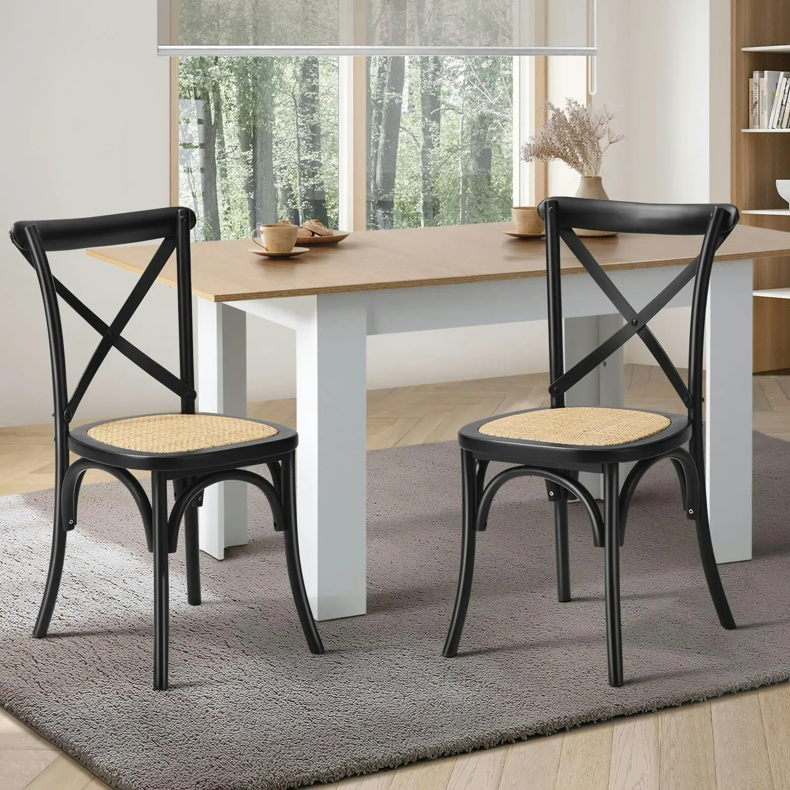 Oikiture 4x Crossback Dining Chair Solid Birch Timber Wood Ratan Seat Black