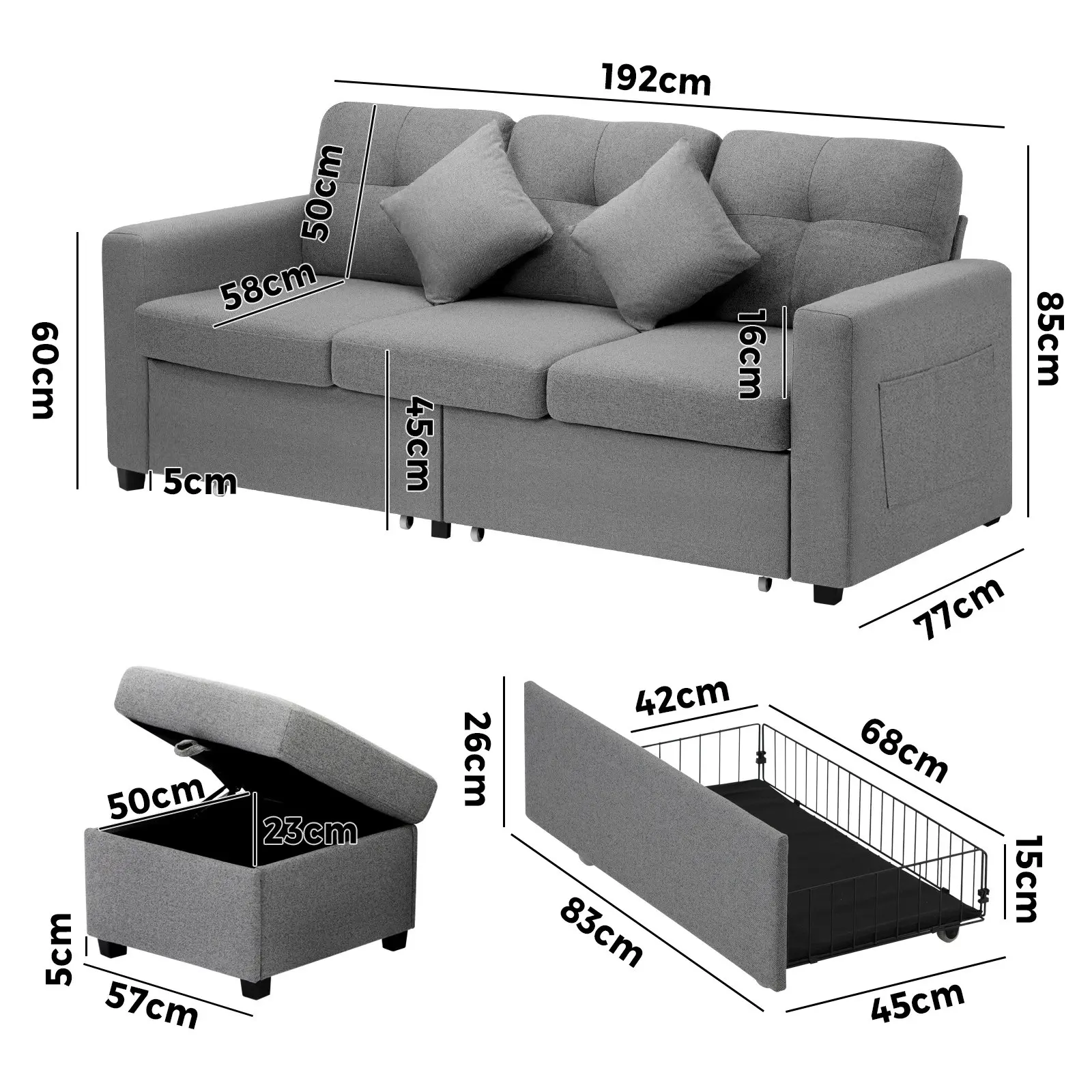 Oikiture Sofa Lounge Chaise Couch Drawers Ottoman Fabric Grey