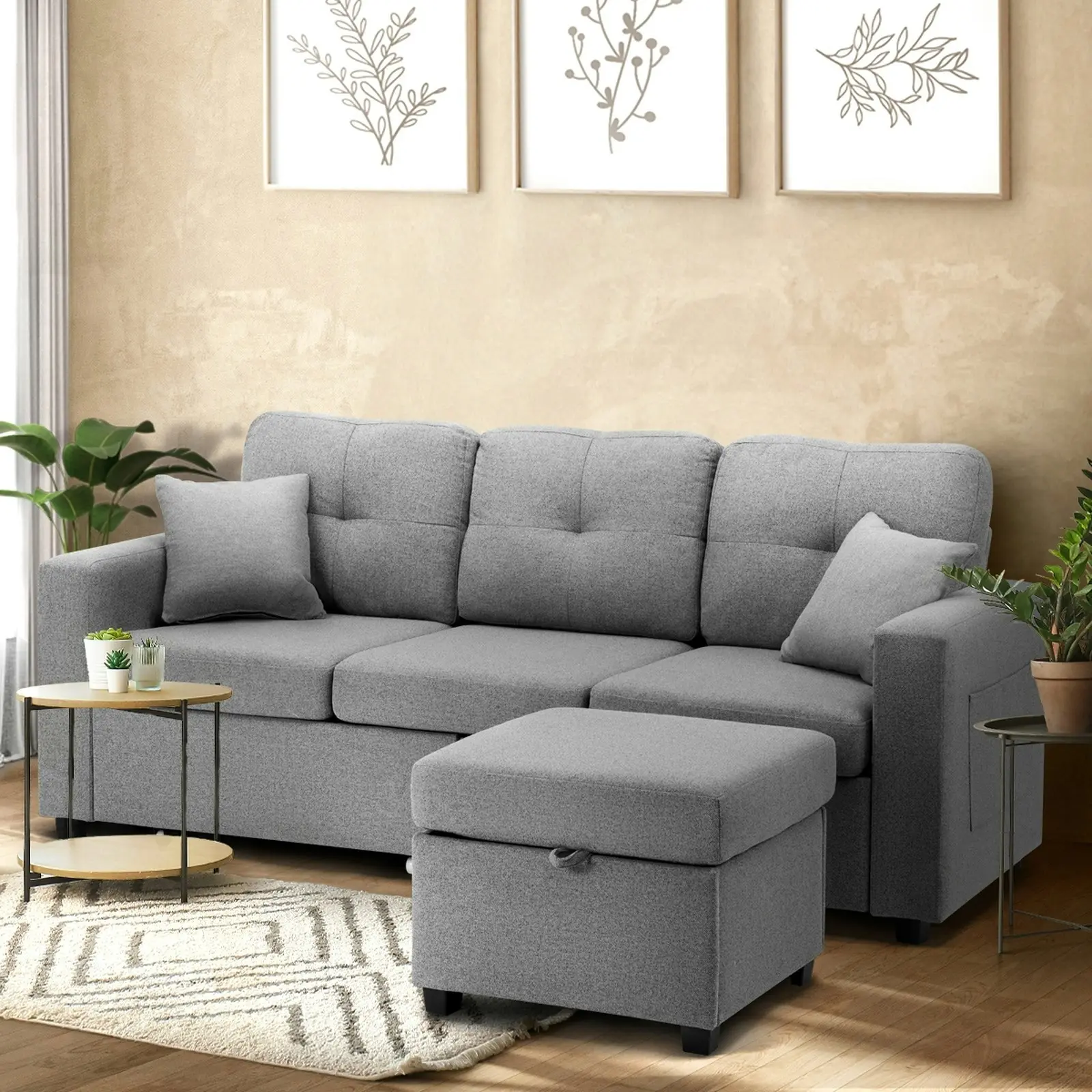 Oikiture Sofa Lounge Chaise Couch Drawers Ottoman Fabric Grey