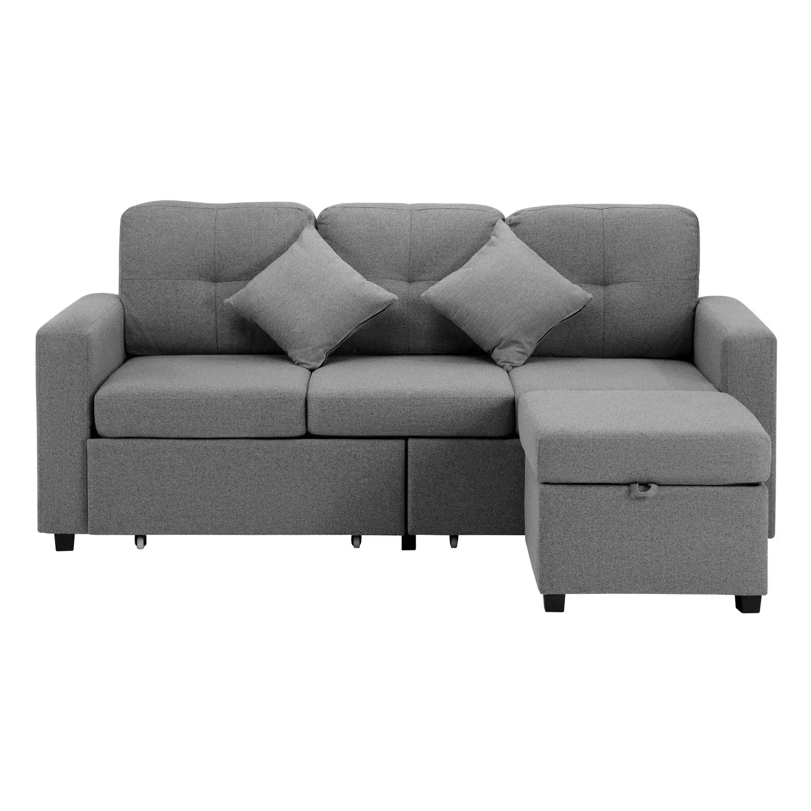 Oikiture Sofa Lounge Chaise Couch Drawers Ottoman Fabric Grey