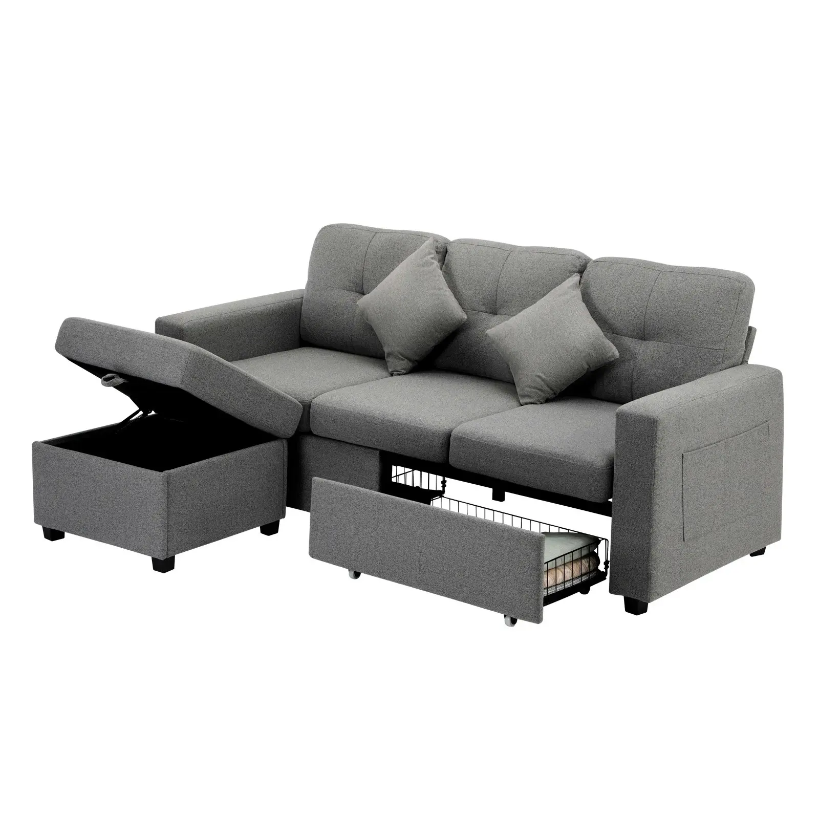 Oikiture Sofa Lounge Chaise Couch Drawers Ottoman Fabric Grey